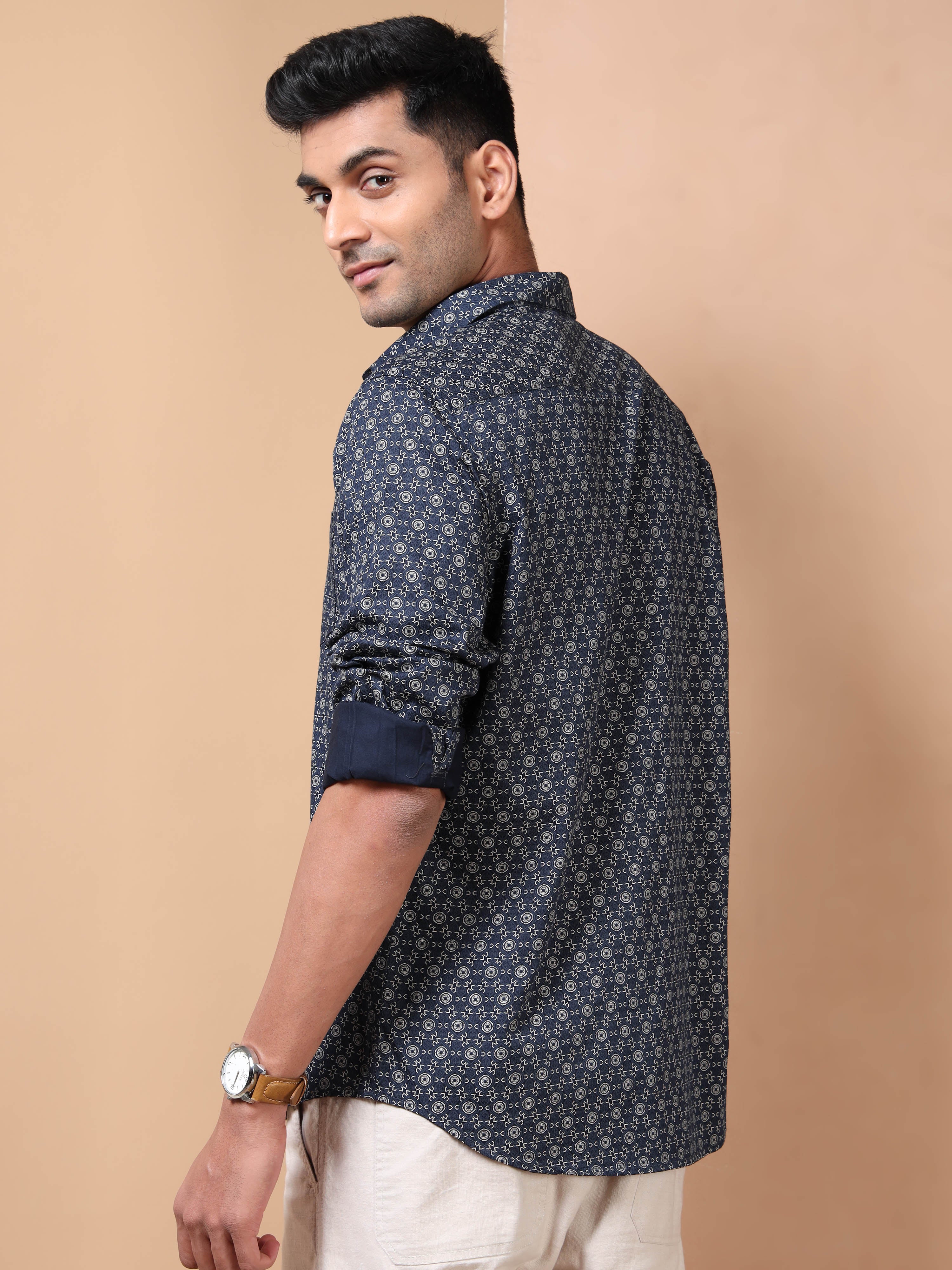 MEN'S NAVY PRINT SLIM FIT SHIRT