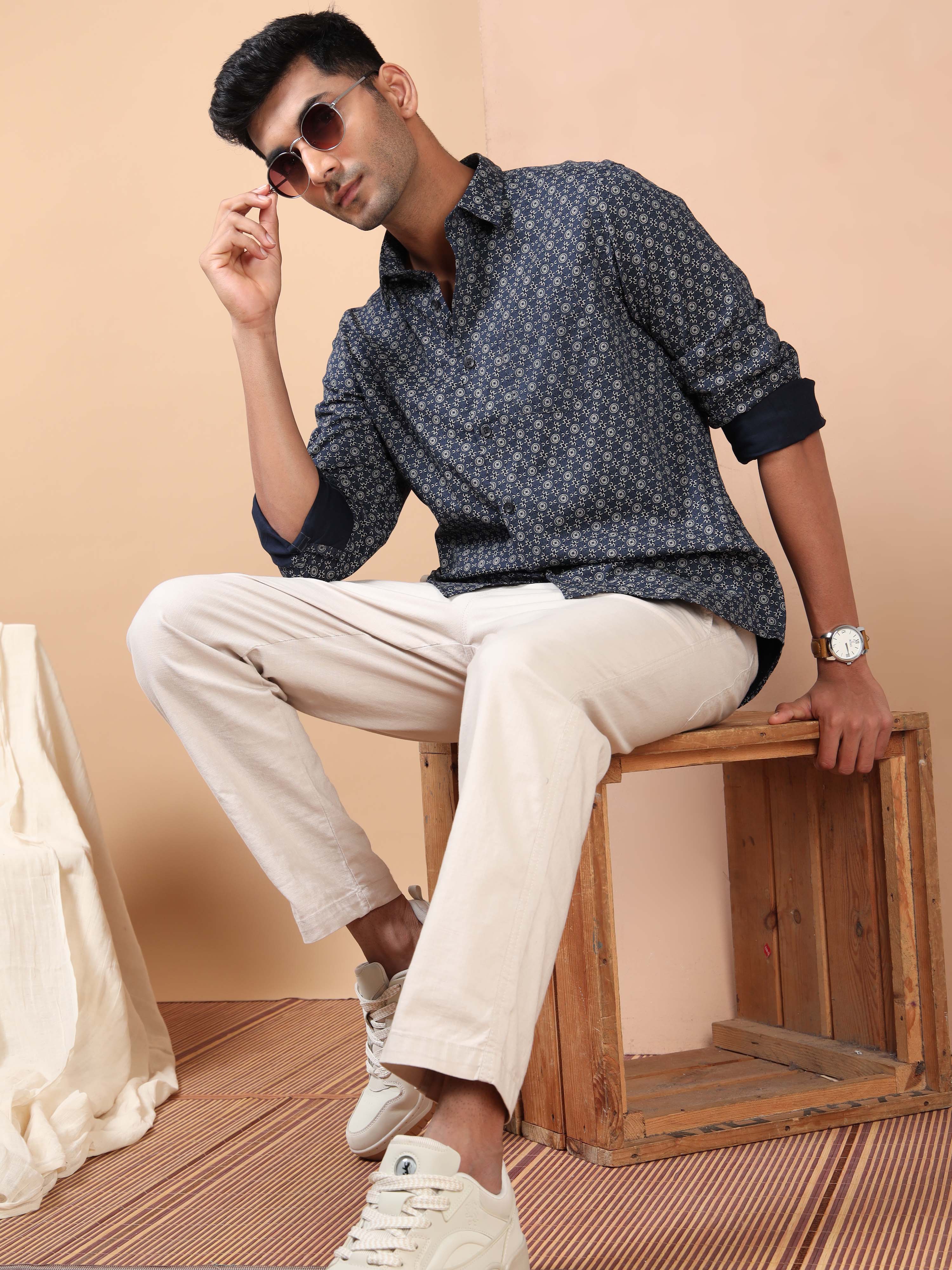 MEN'S NAVY PRINT SLIM FIT SHIRT