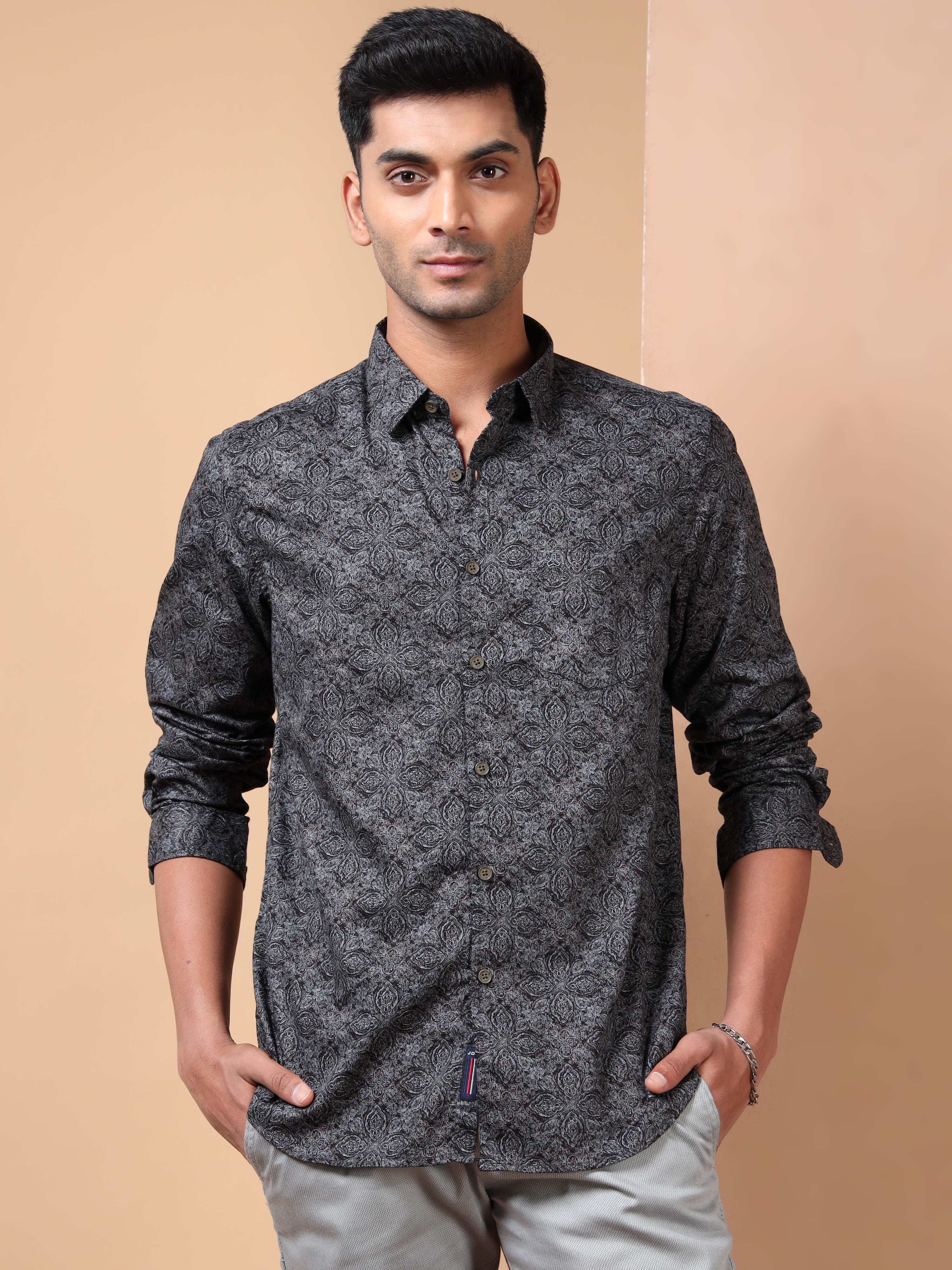 MEN'S BLACK PRINT SLIM FIT SHIRT