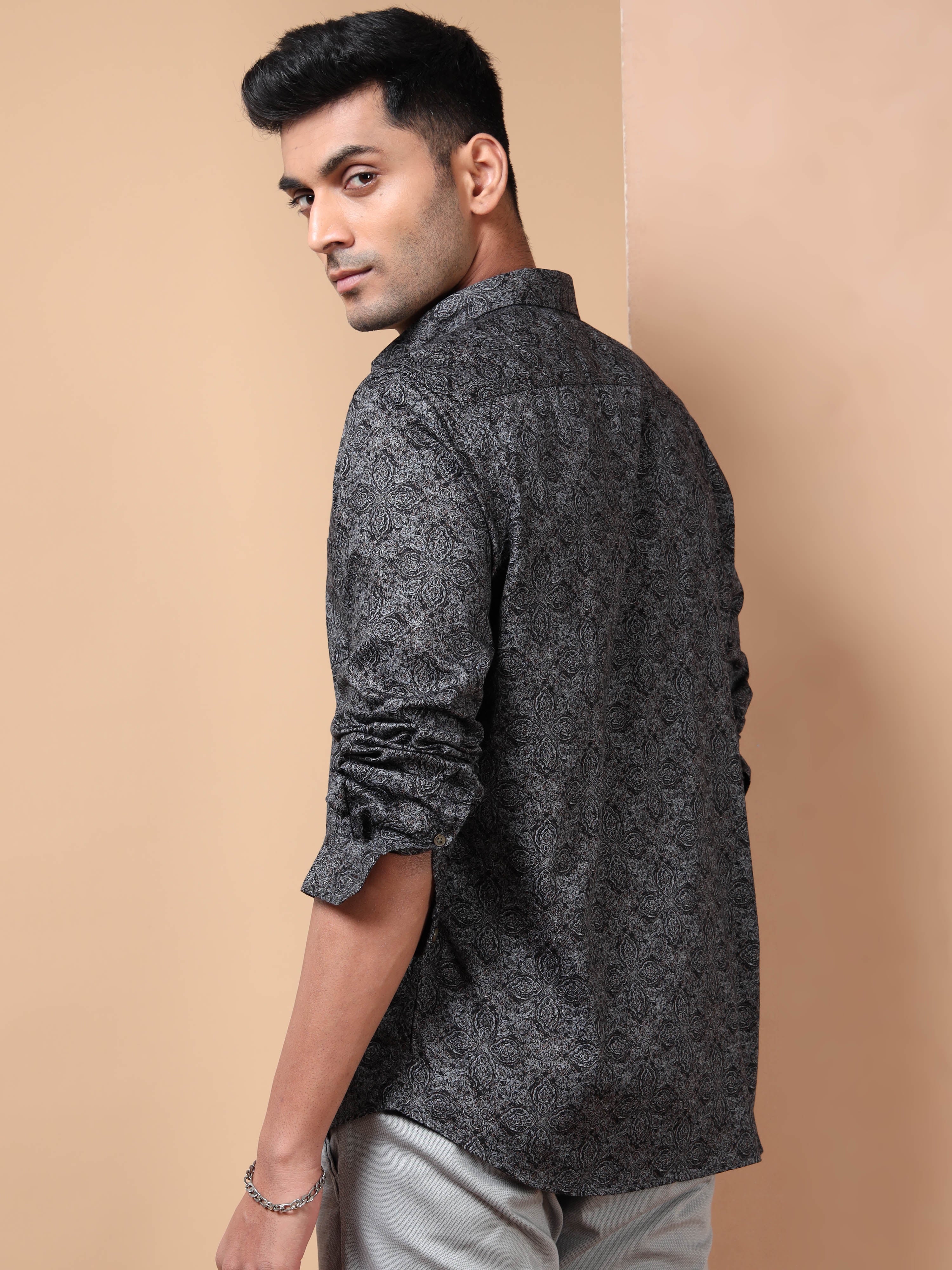 MEN'S BLACK PRINT SLIM FIT SHIRT