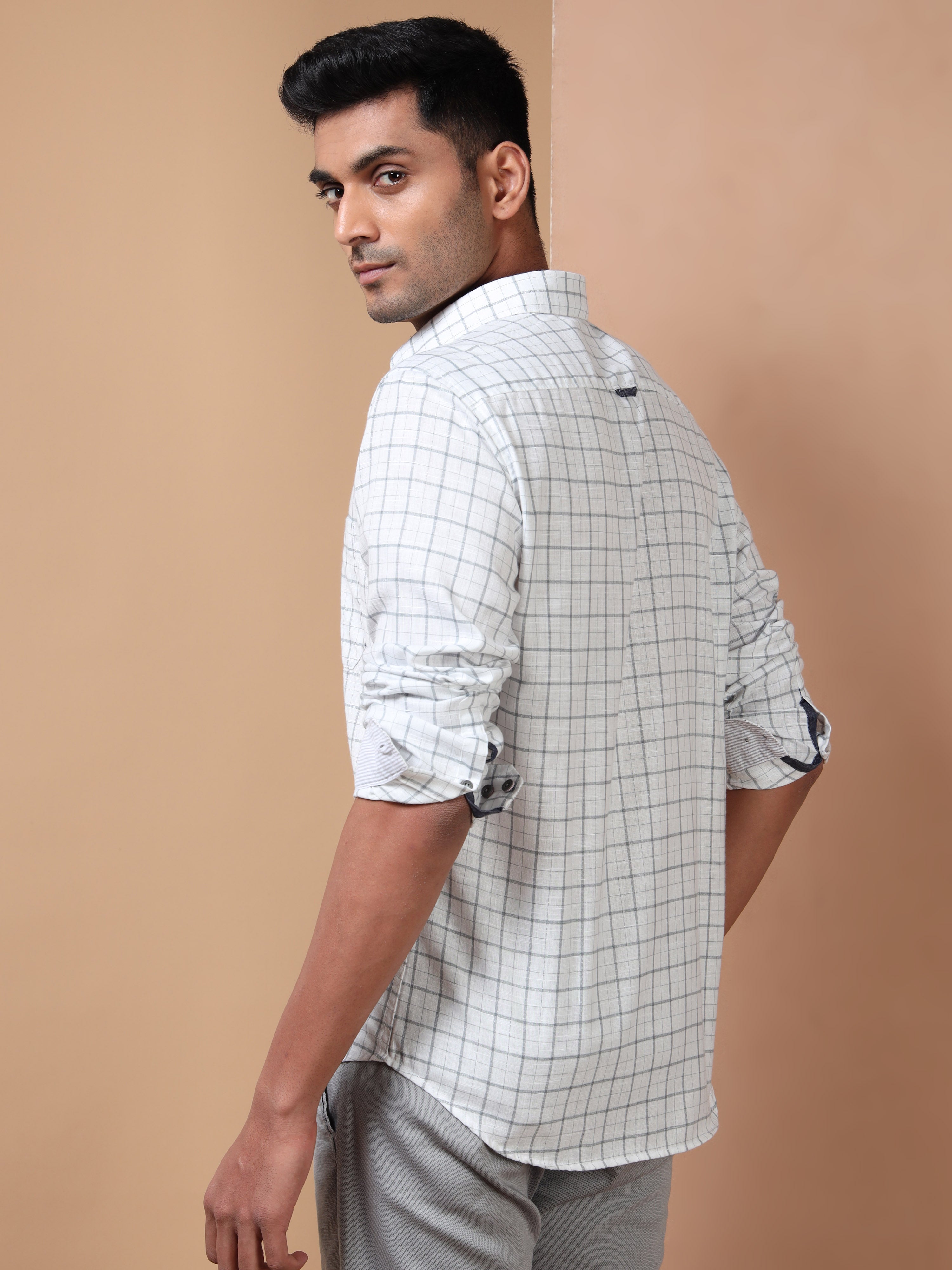 MEN'S WHITE CHECKS SLIM FIT SHIRT