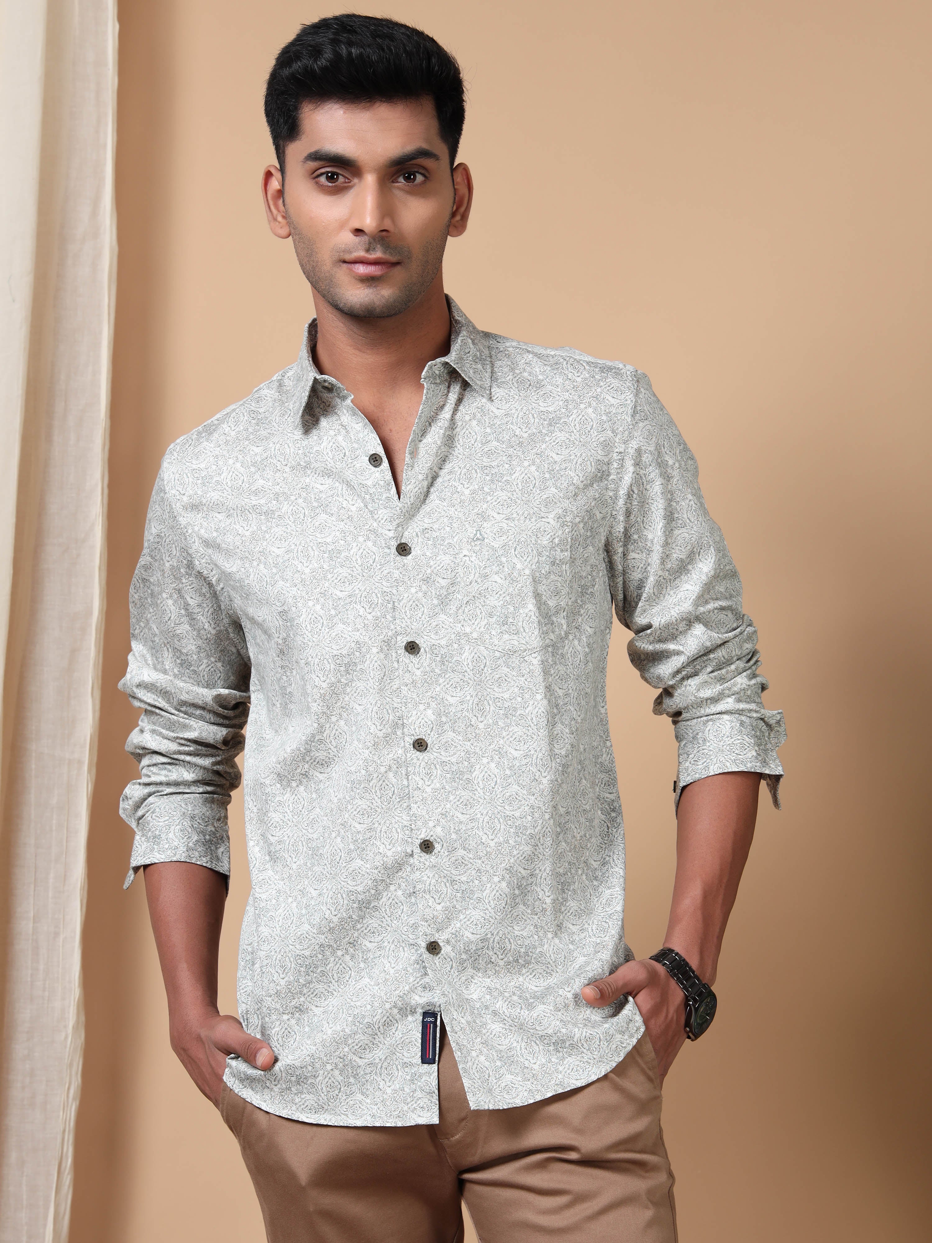 MEN'S OFF WHITE PRINT SLIM FIT SHIRT