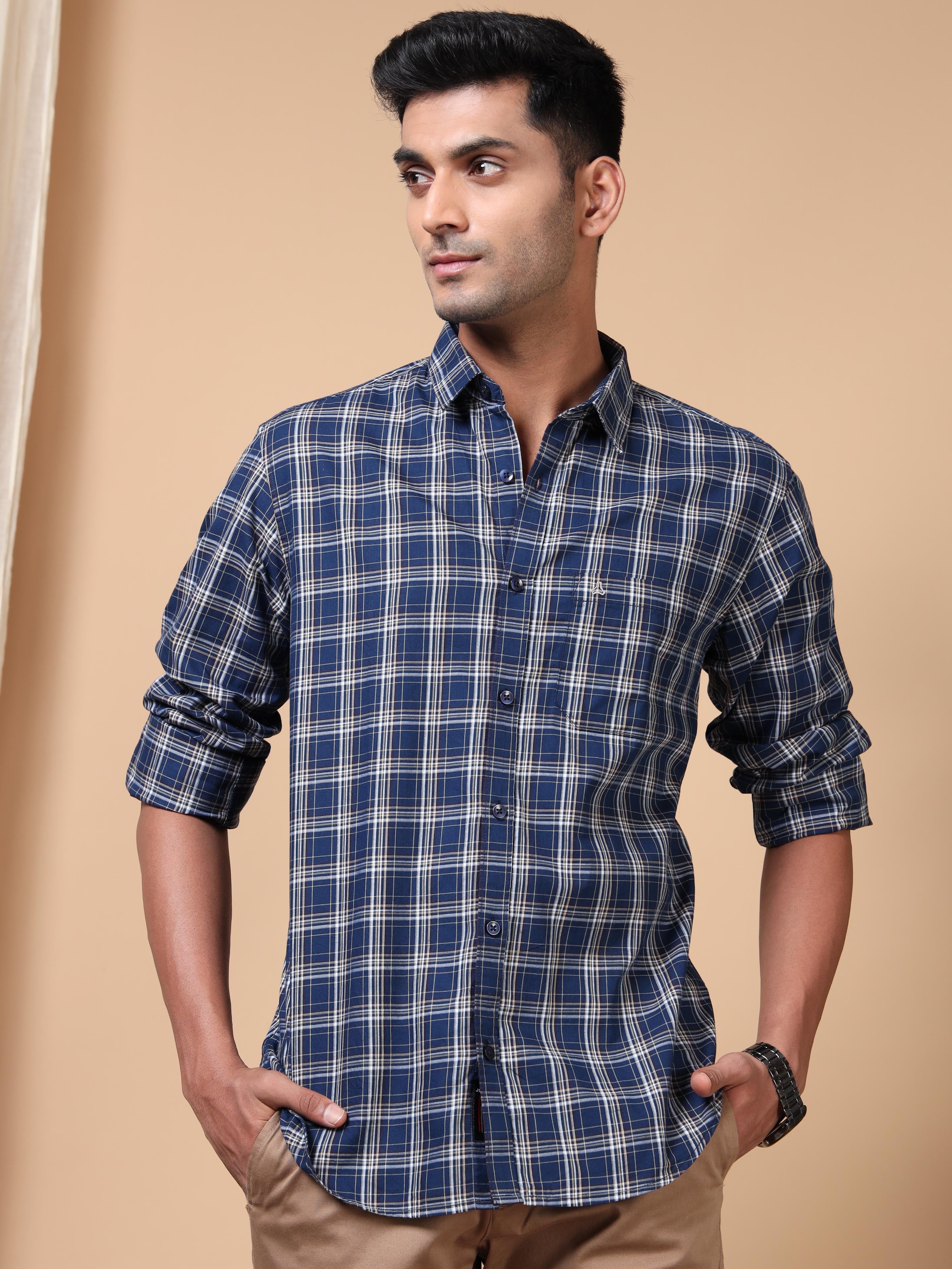 MEN'S NAVY CHECKS SLIM FIT SHIRT