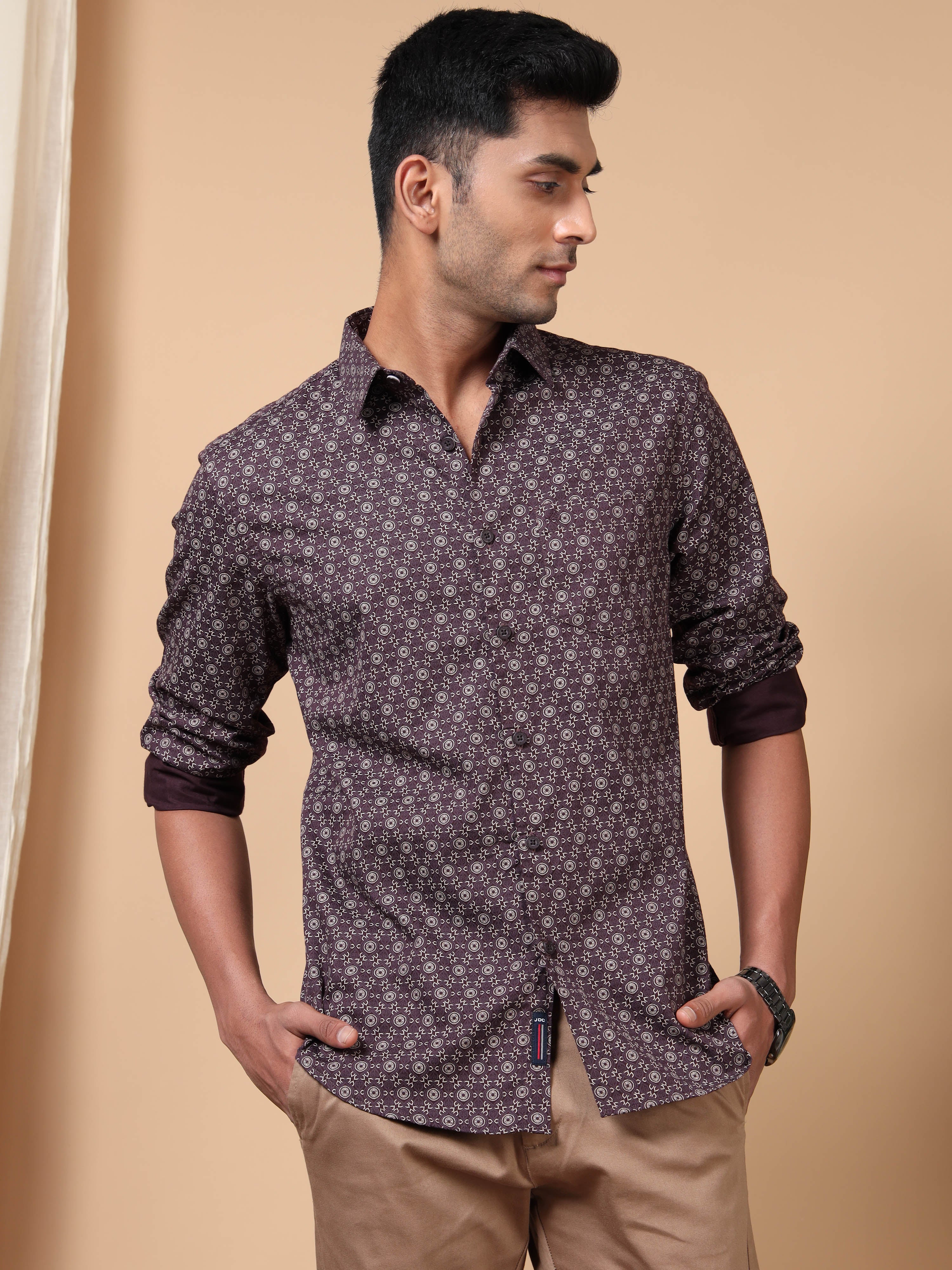 MEN'S BURGUNDY PRINT SLIM FIT SHIRT