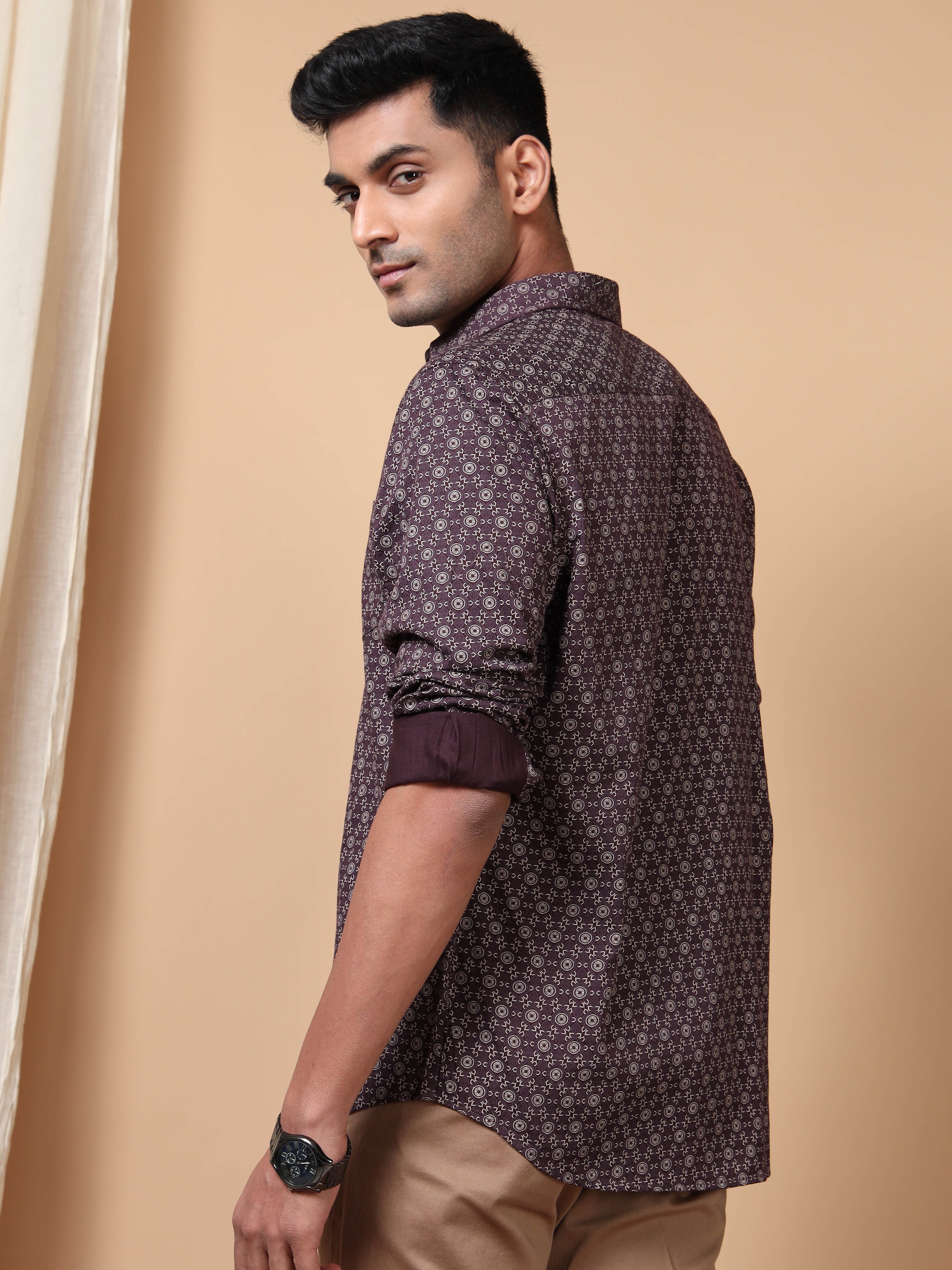 MEN'S BURGUNDY PRINT SLIM FIT SHIRT