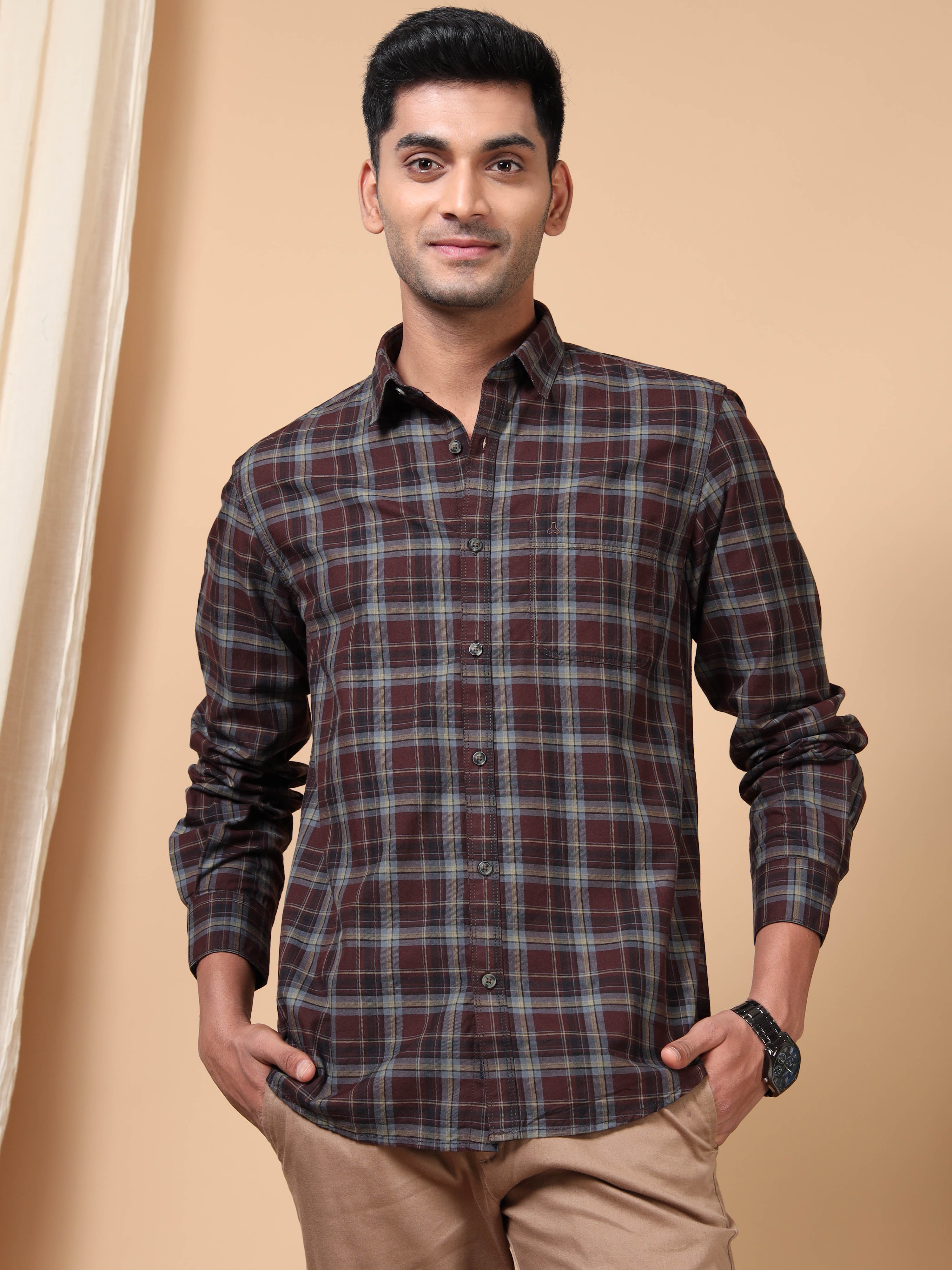 MEN'S MAROON CHECKS SLIM FIT SHIRT