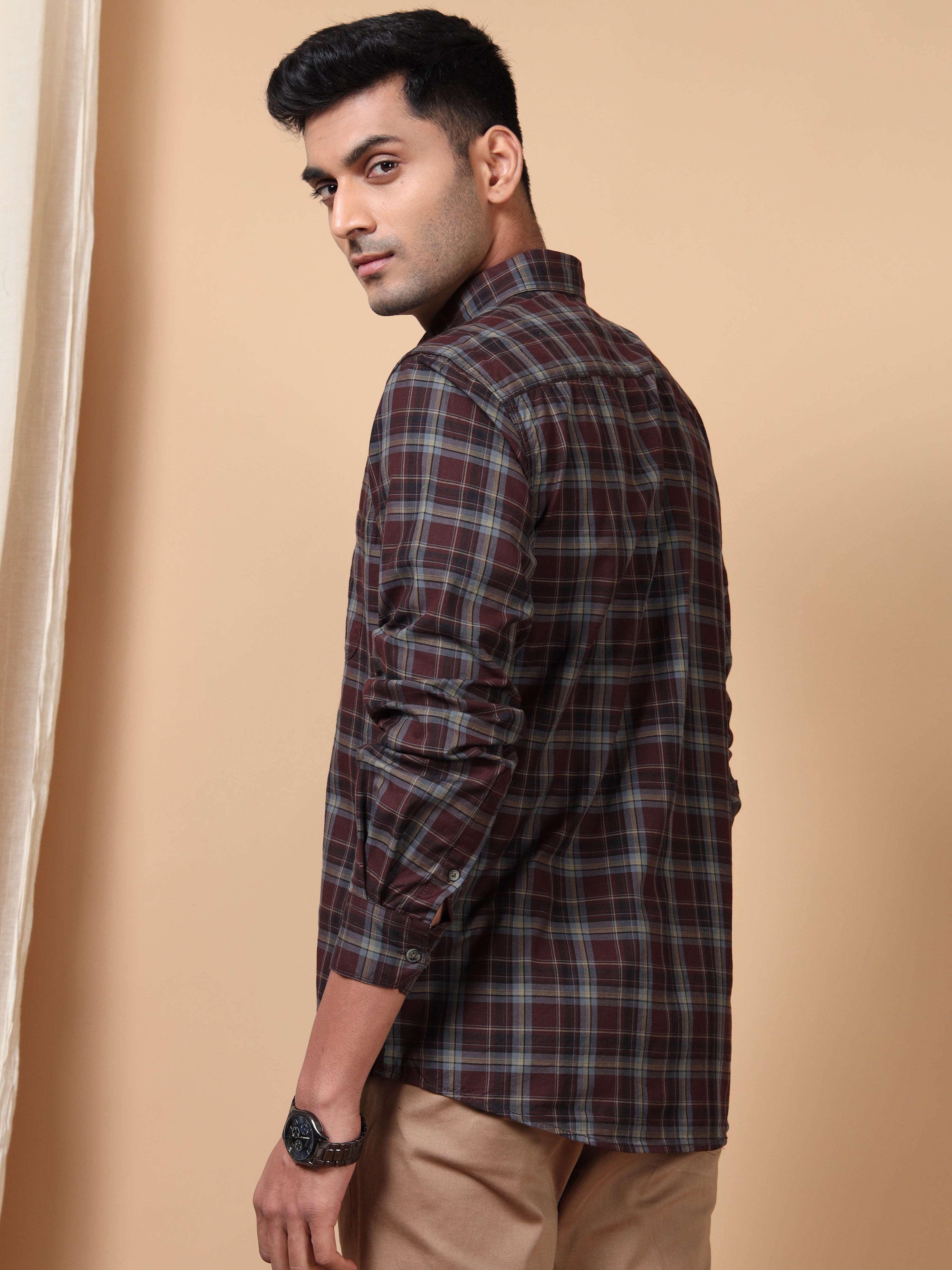 MEN'S MAROON CHECKS SLIM FIT SHIRT