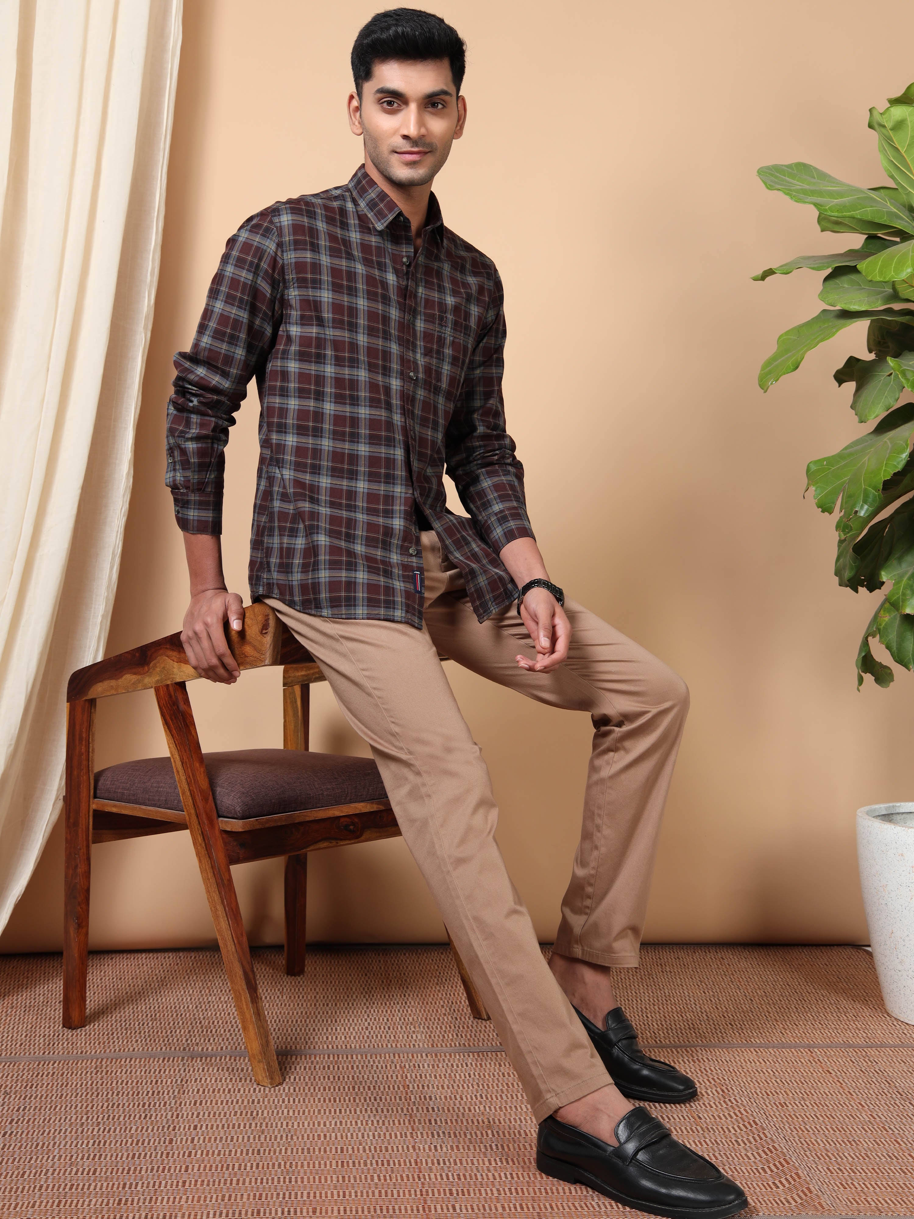 MEN'S MAROON CHECKS SLIM FIT SHIRT