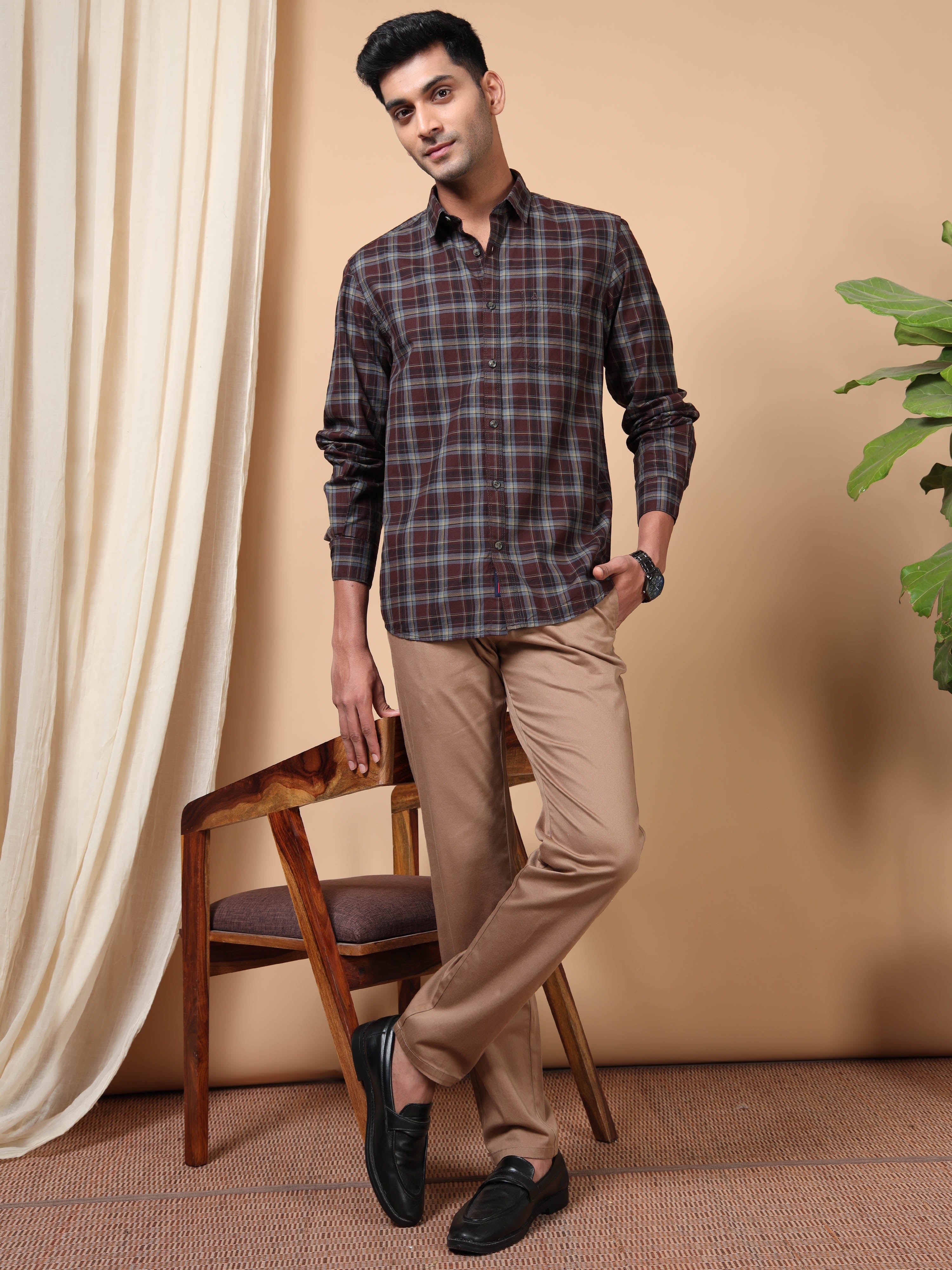 MEN'S MAROON CHECKS SLIM FIT SHIRT