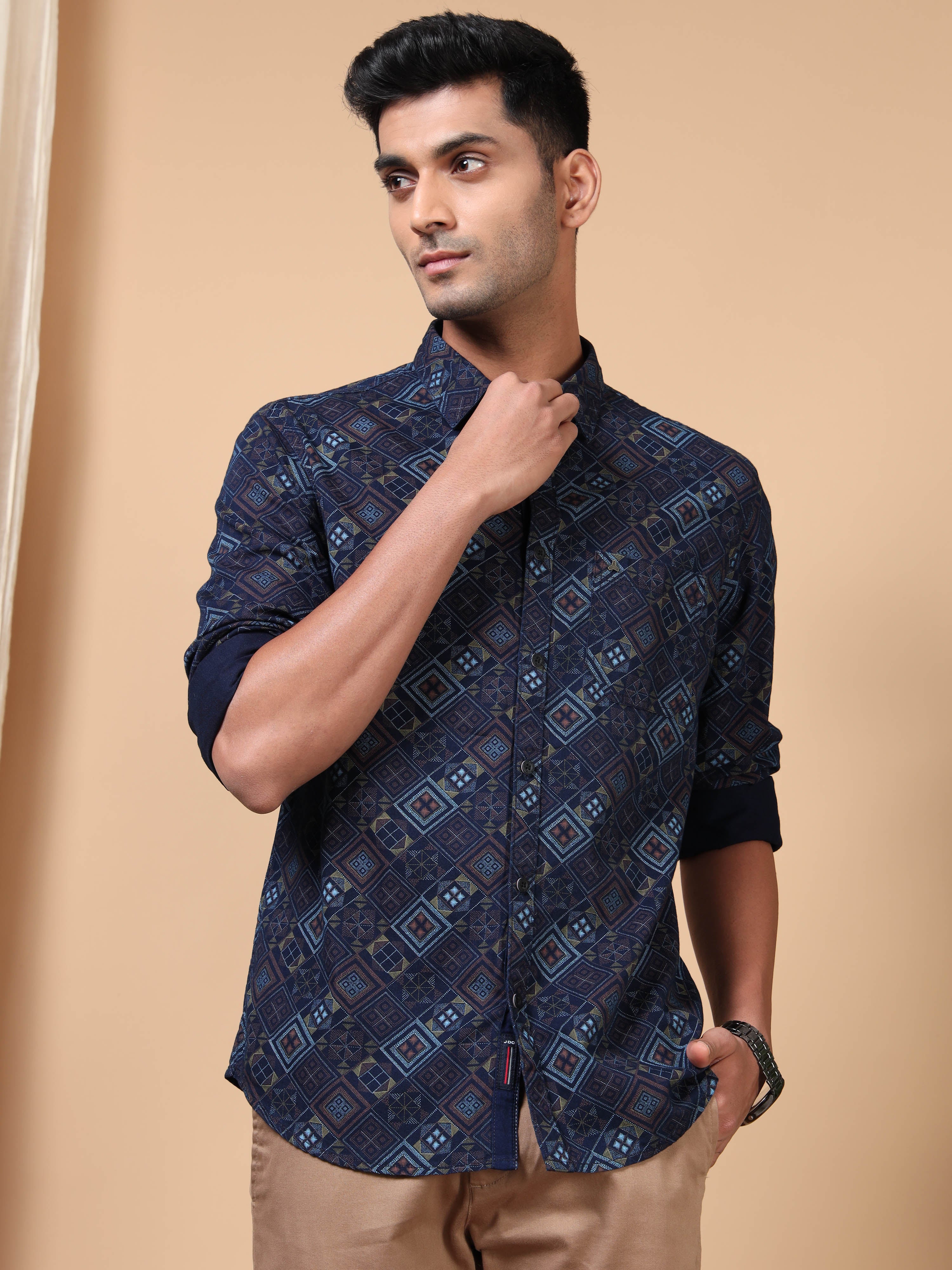 MEN'S NAVY PRINT SLIM FIT SHIRT