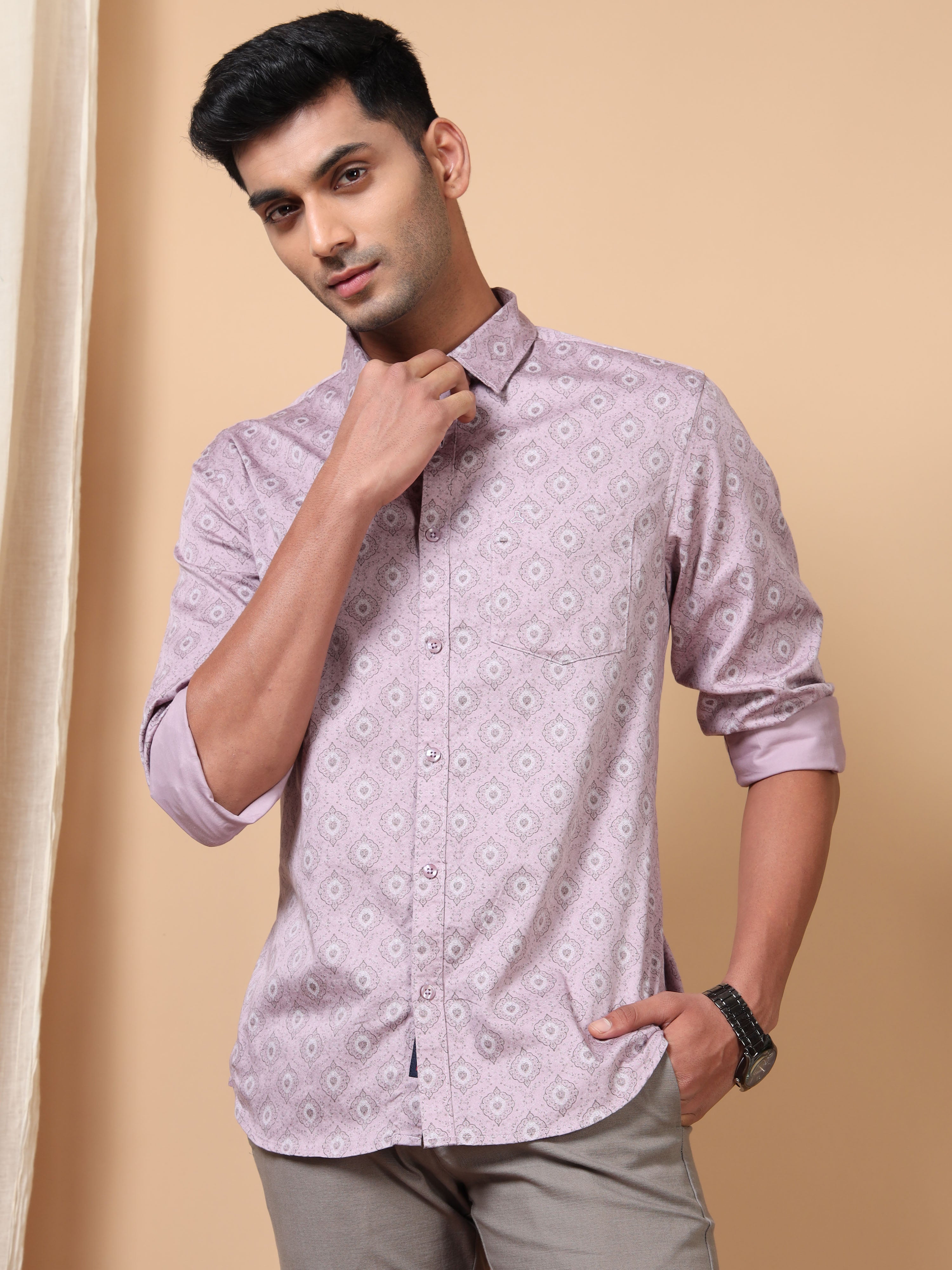 MEN'S LT PINK PRINT SLIM FIT SHIRT