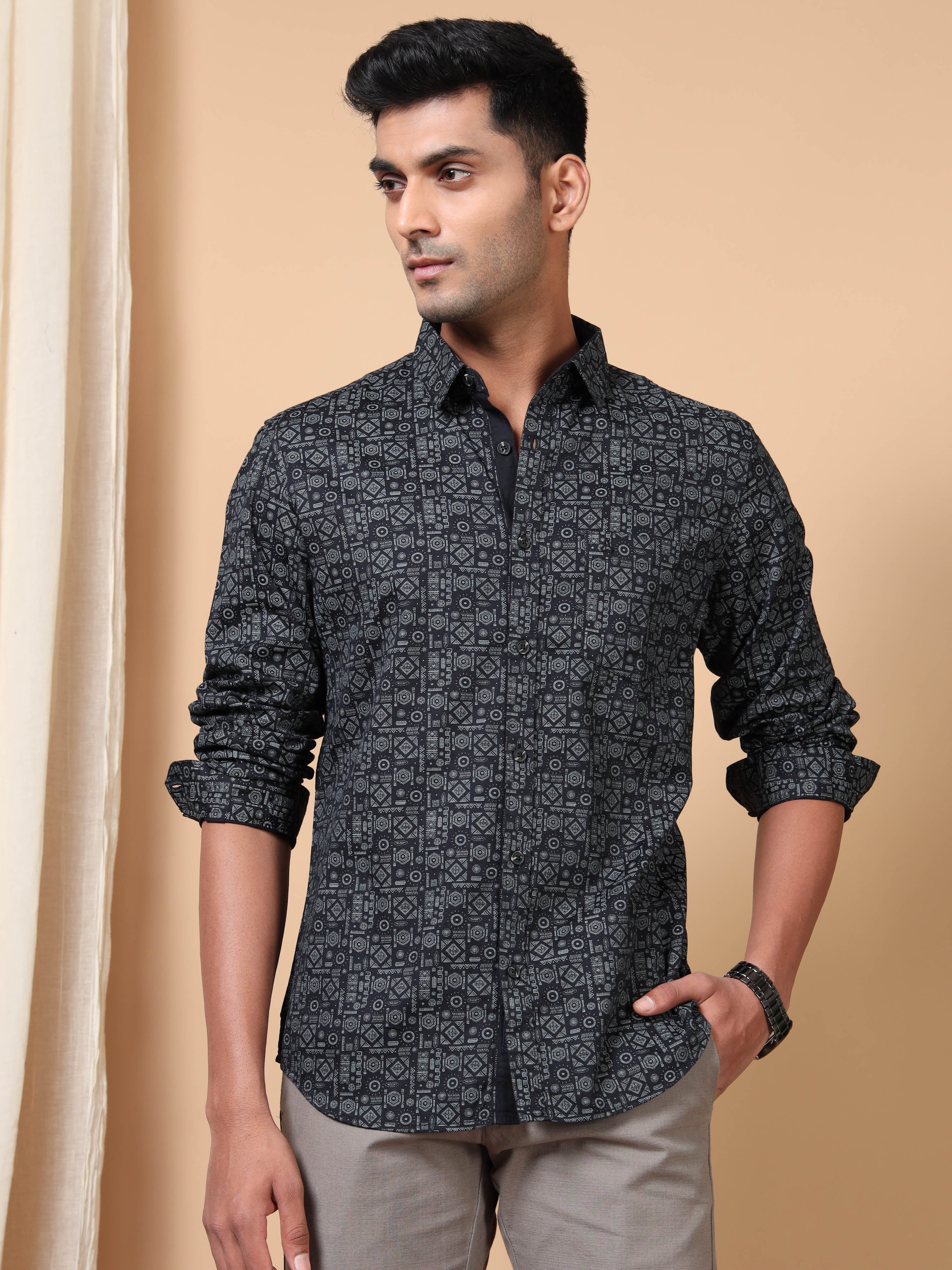 MEN'S BLACK PRINT SLIM FIT SHIRT