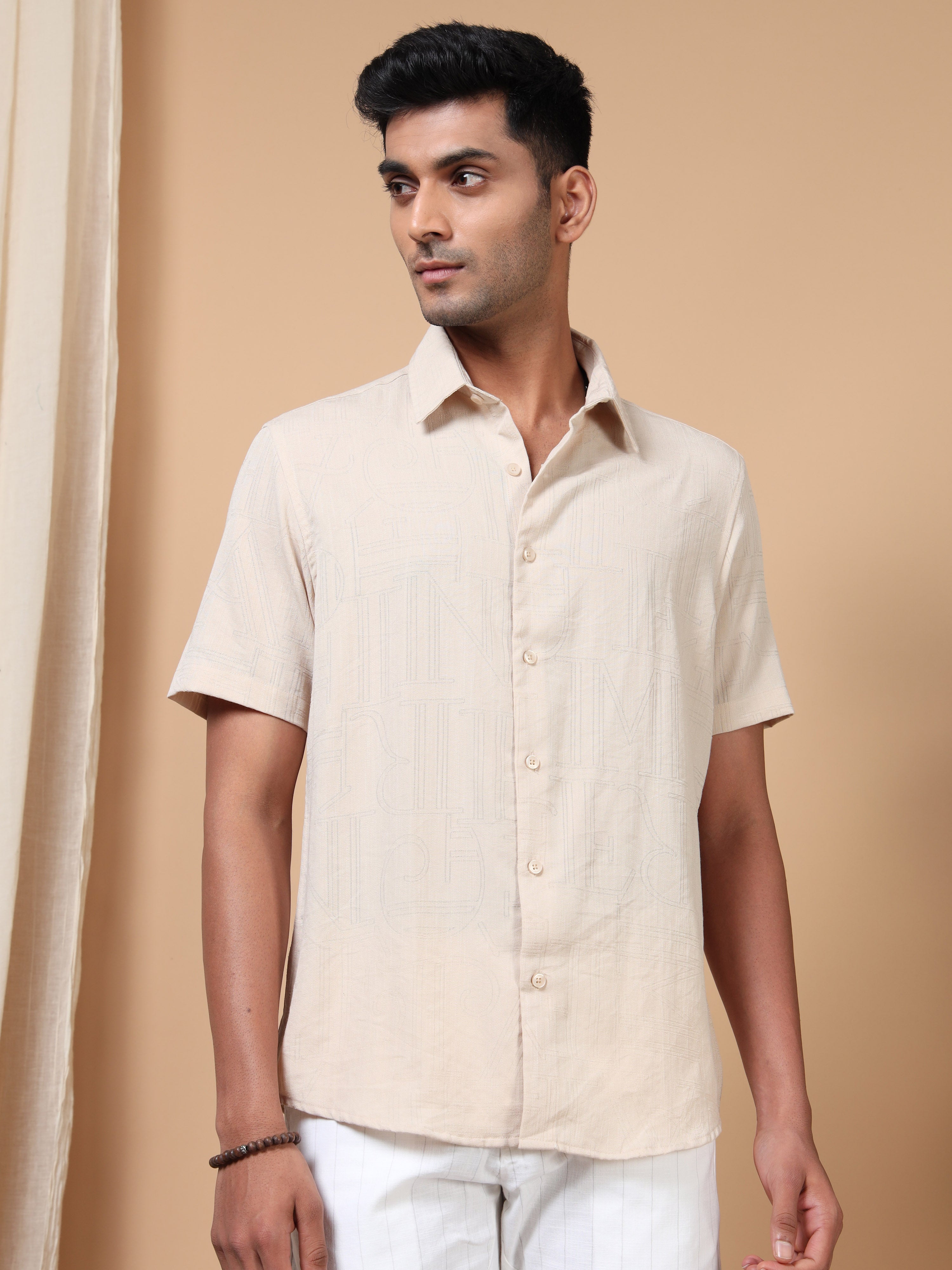 MEN'S BEIGE SOLID SLIM FIT SHIRT