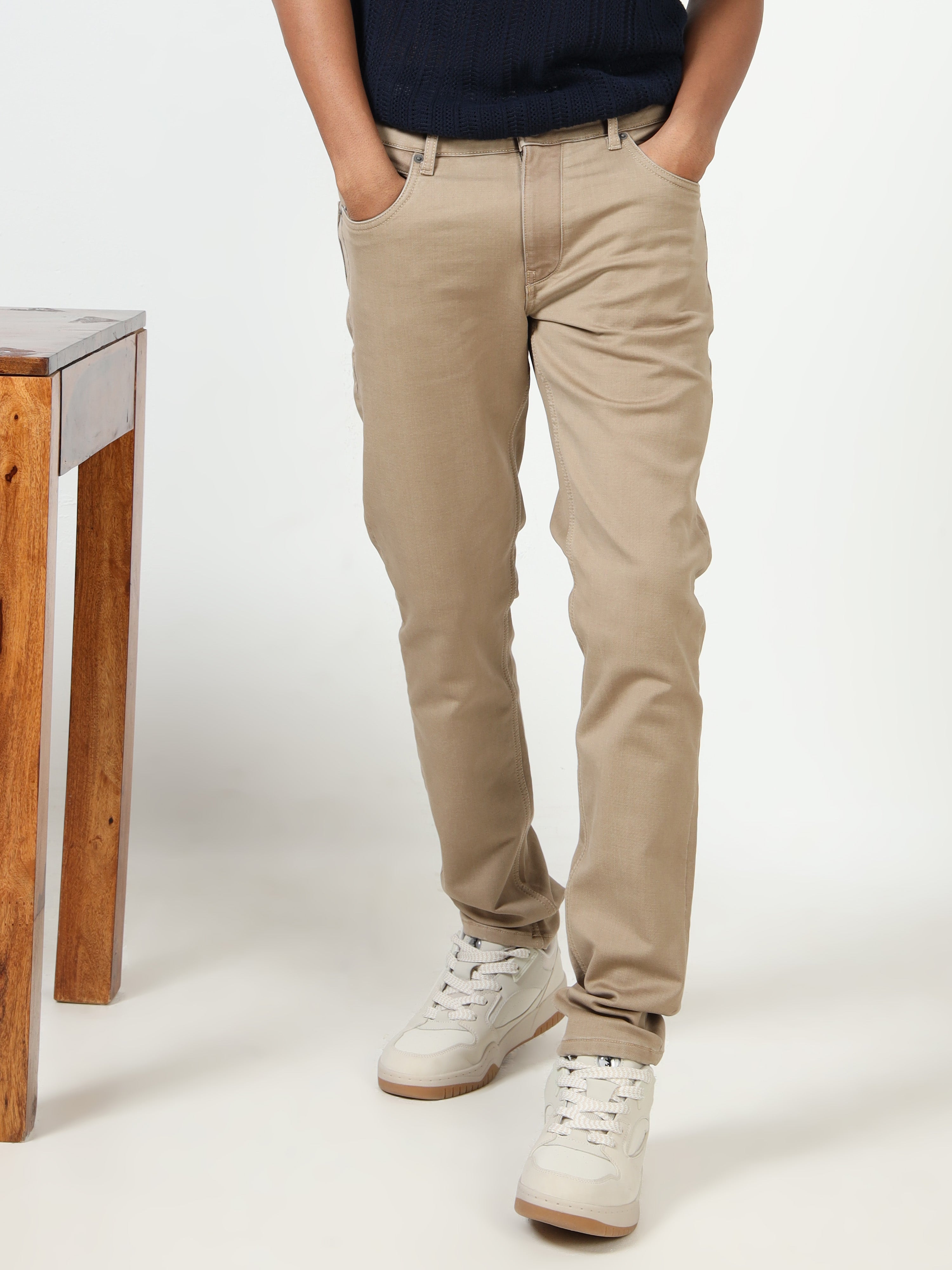 MEN'S KHAKI SOLID SLIM FIT JEANS