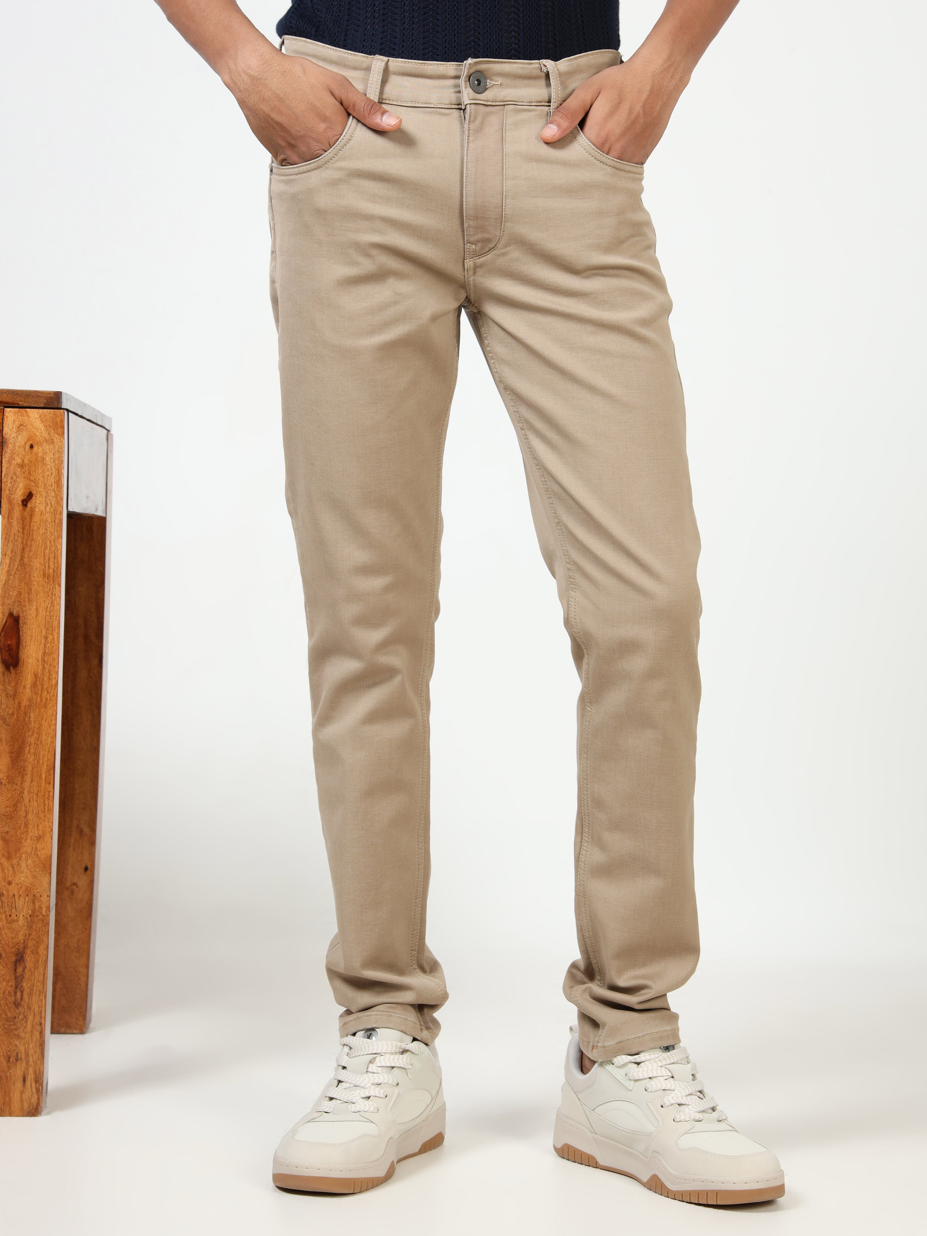 MEN'S KHAKI SOLID SLIM FIT JEANS