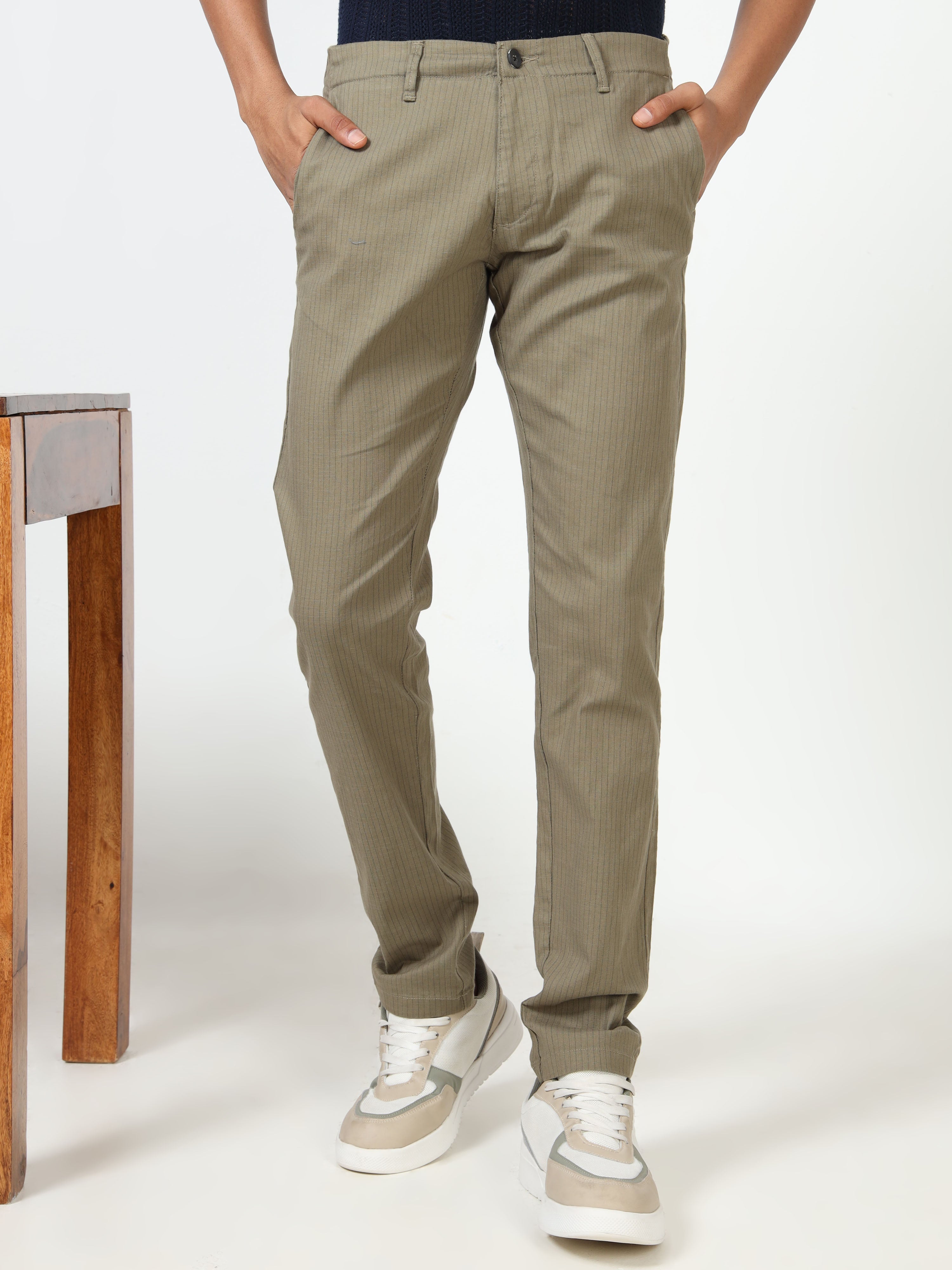 MEN'S OLIVE STRIPES SLIM FIT TROUSER