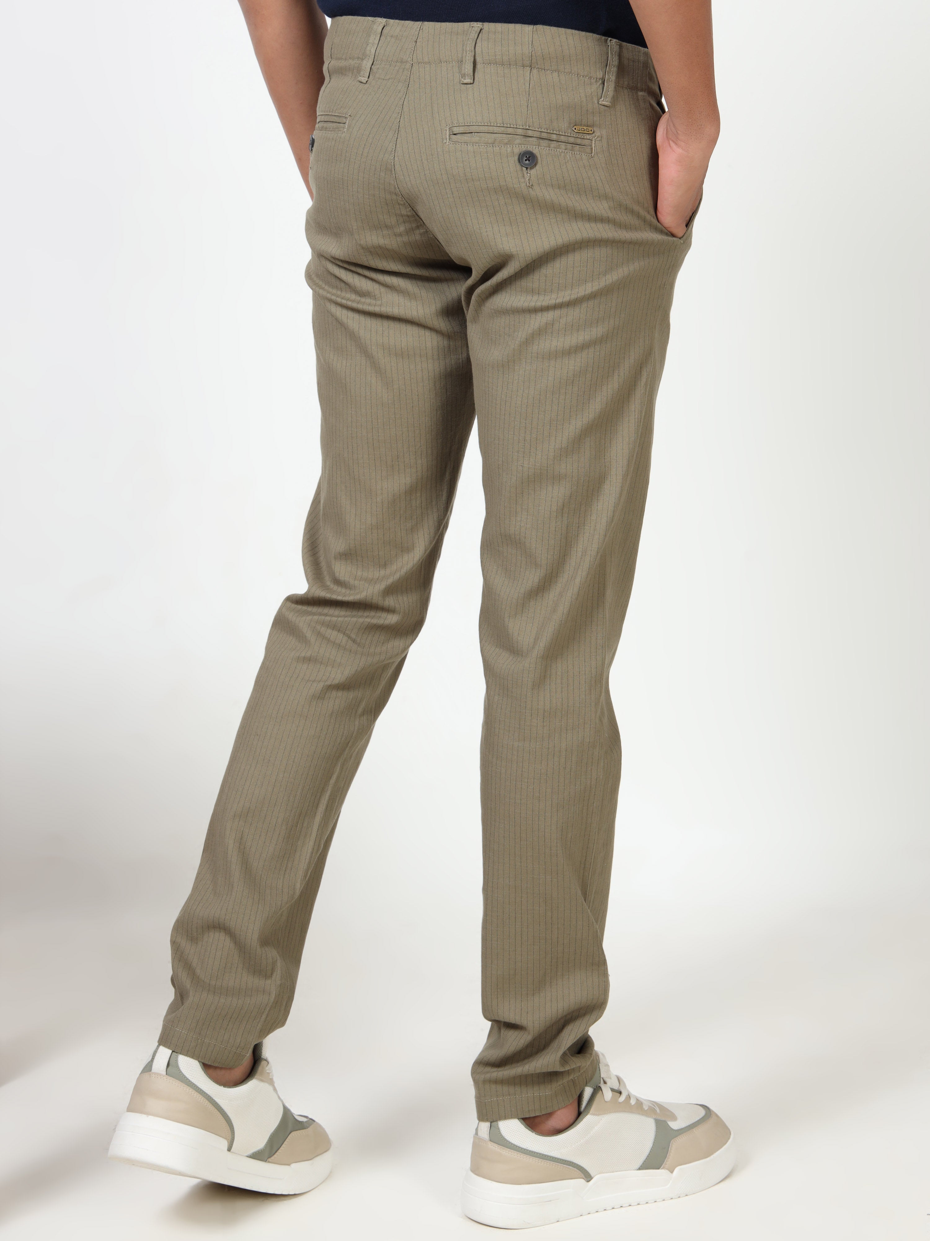 MEN'S OLIVE STRIPES SLIM FIT TROUSER