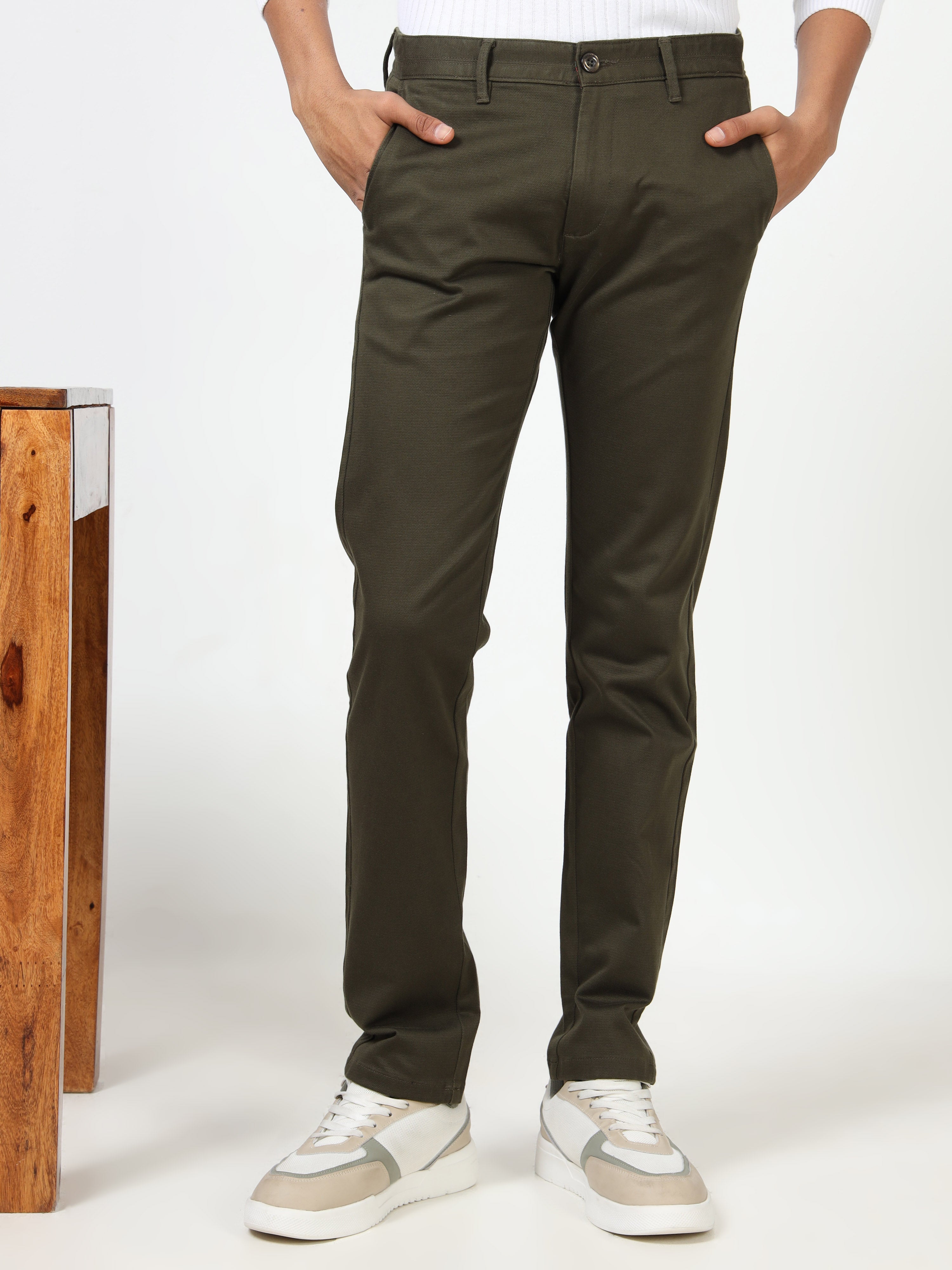 MEN'S OLIVE SOLID SLIM FIT TROUSER