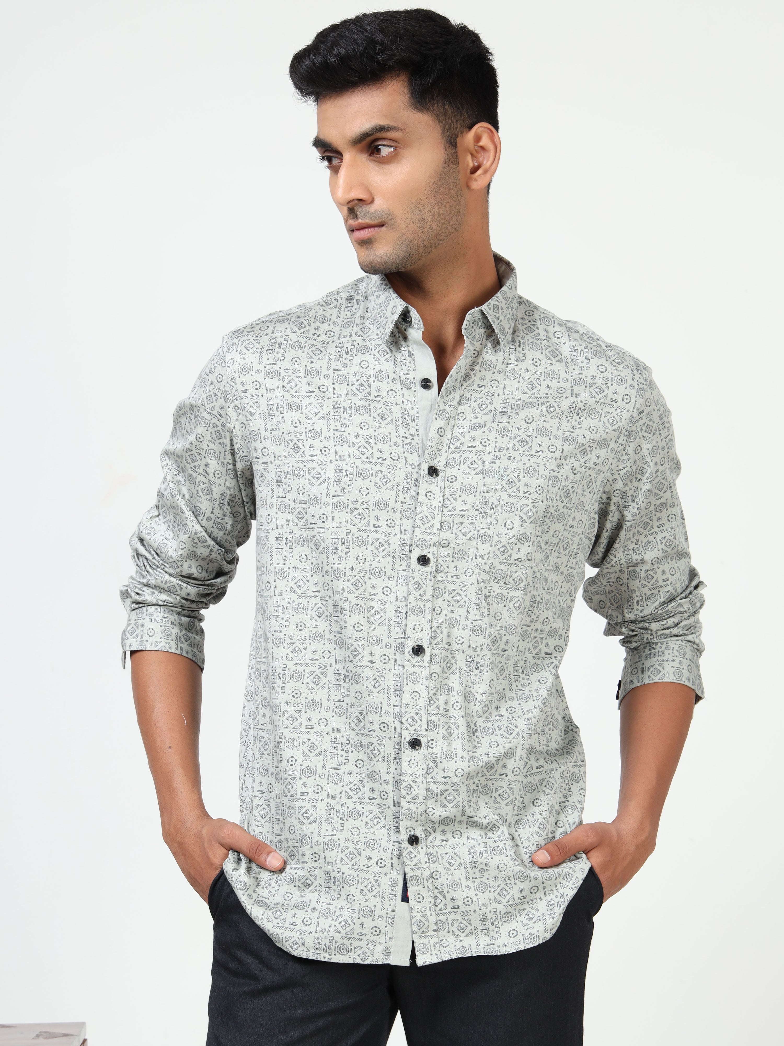 MEN'S GREY PRINT SLIM FIT SHIRT