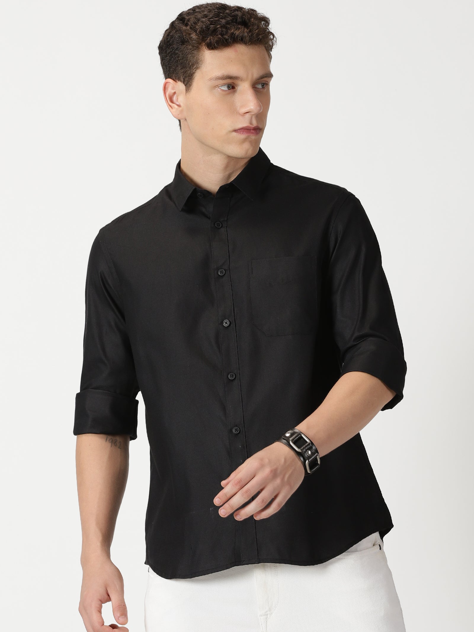 MEN'S  BLACK PLAIN SLIM FIT SHIRT