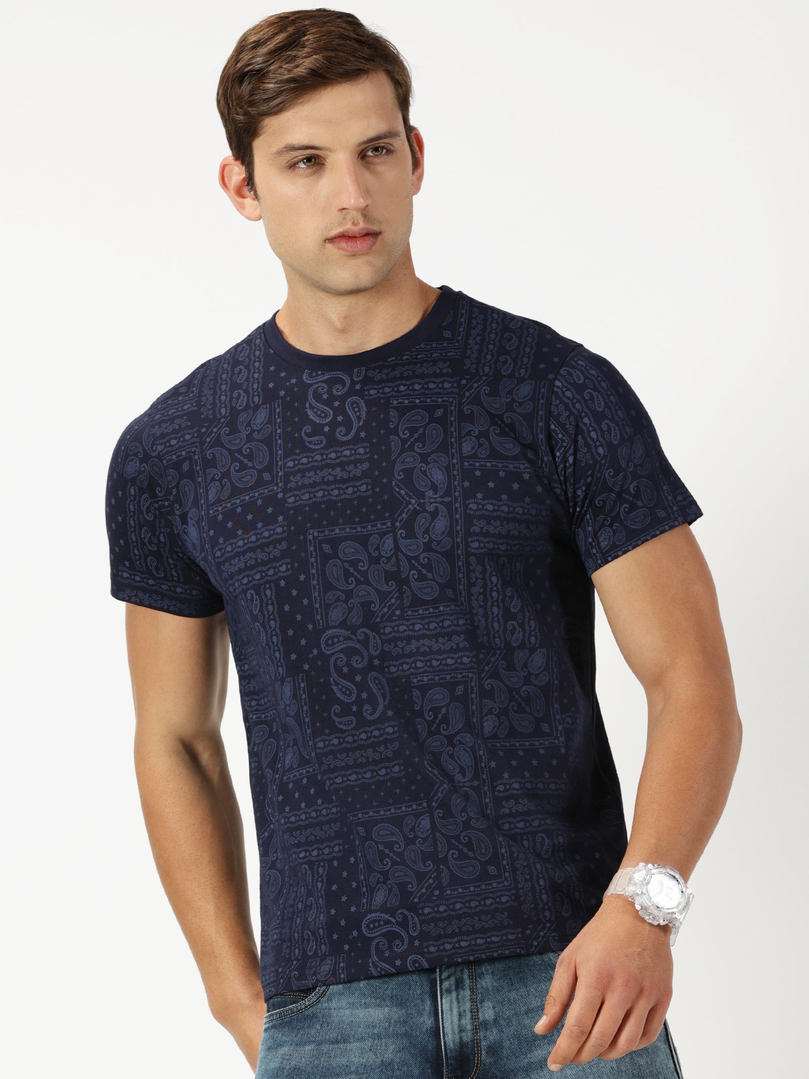 MEN'S NAVY PRINT SLIM FIT T-SHIRT