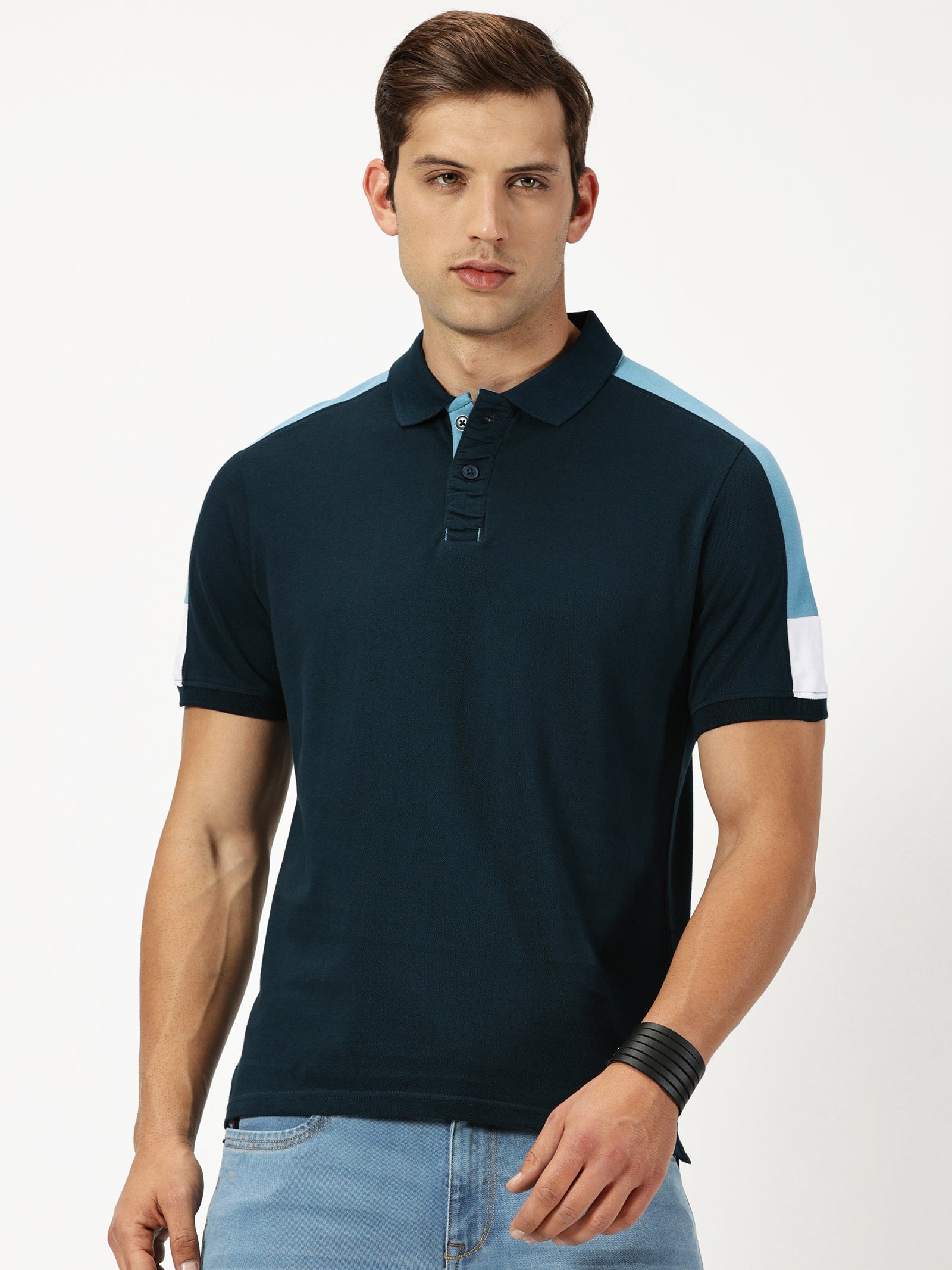 MEN'S BLUES GREEN SOLID SLIM FIT  POLO T-SHIRT