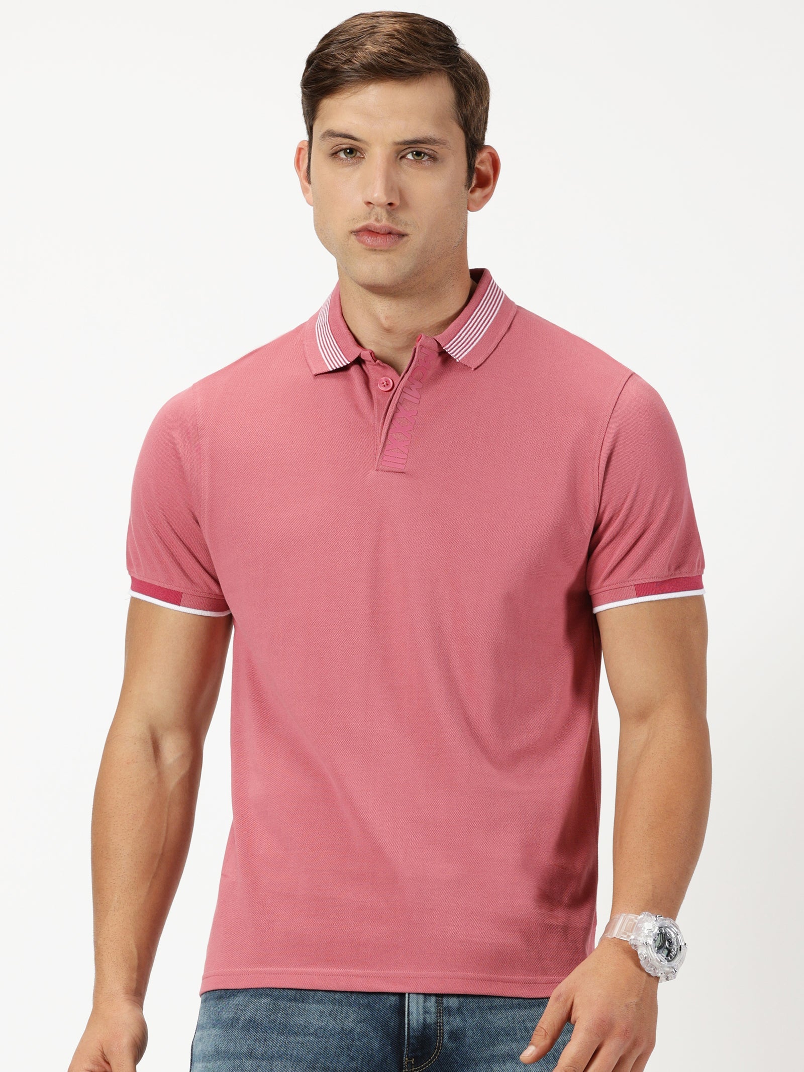 MEN'S PINK SOLID SLIM FIT  POLO T-SHIRT