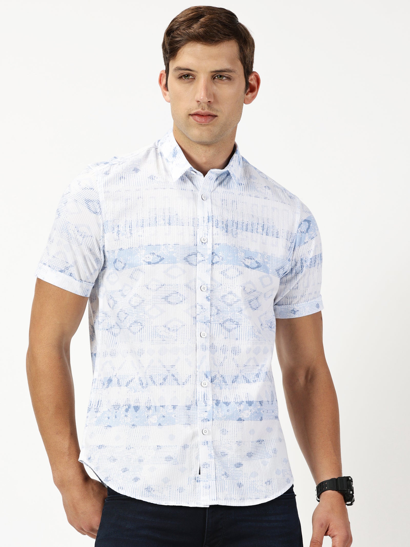 MEN'S LT BLUE PRINT SLIM FIT SHIRT