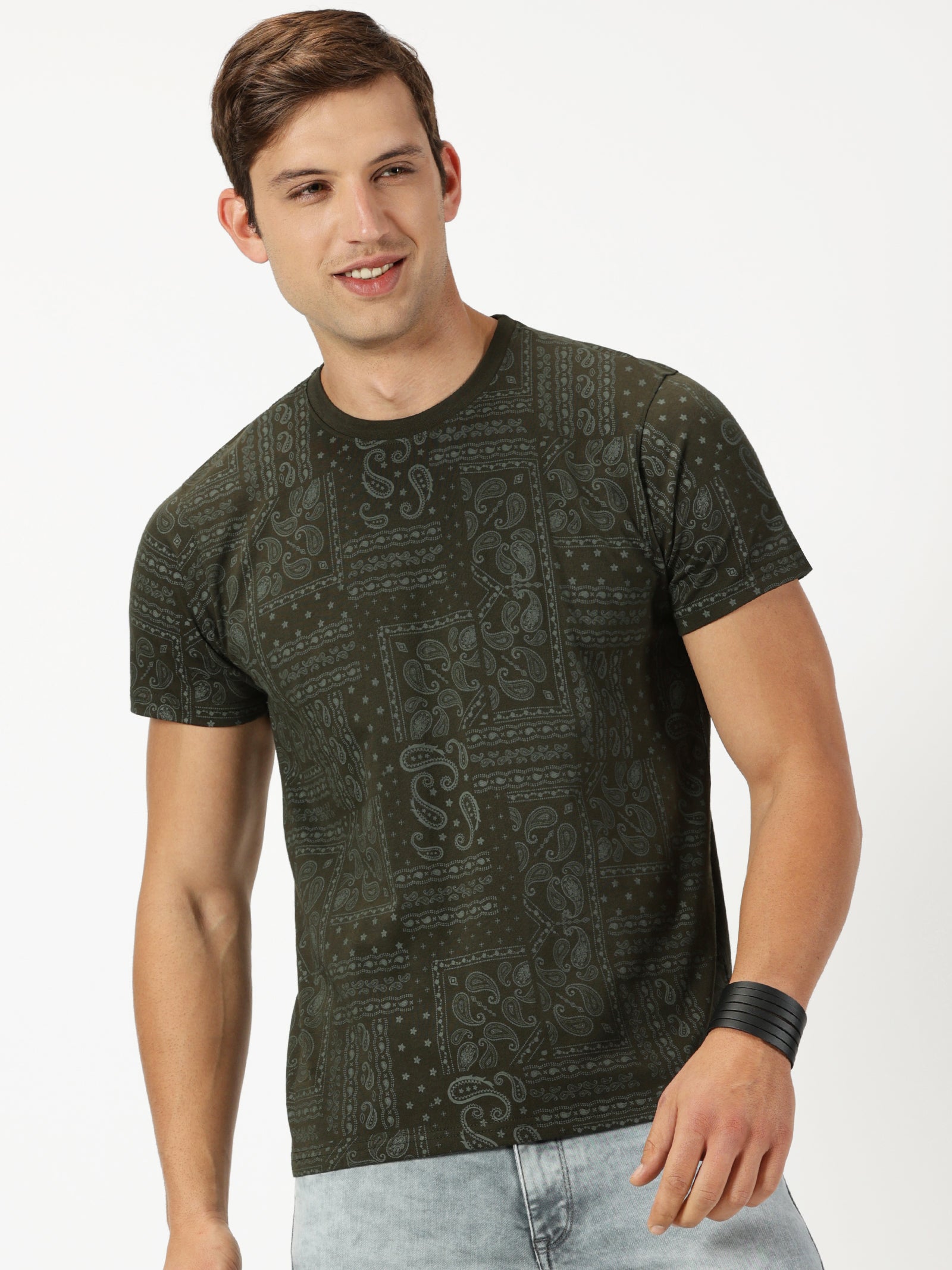 MEN'S OLIVE PRINT SLIM FIT T-SHIRT