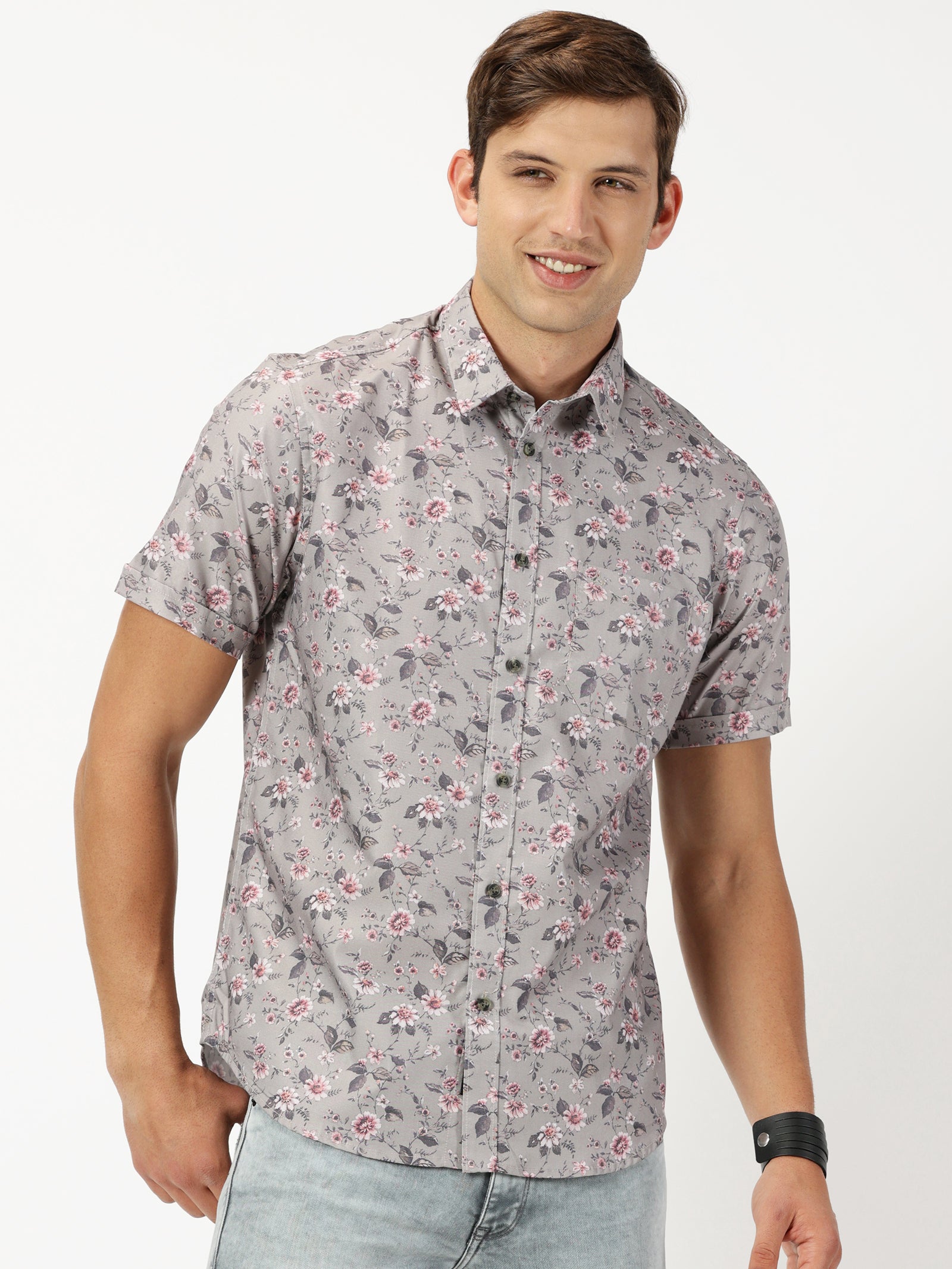 MEN'S LT BROWN PRINT SLIM FIT SHIRT