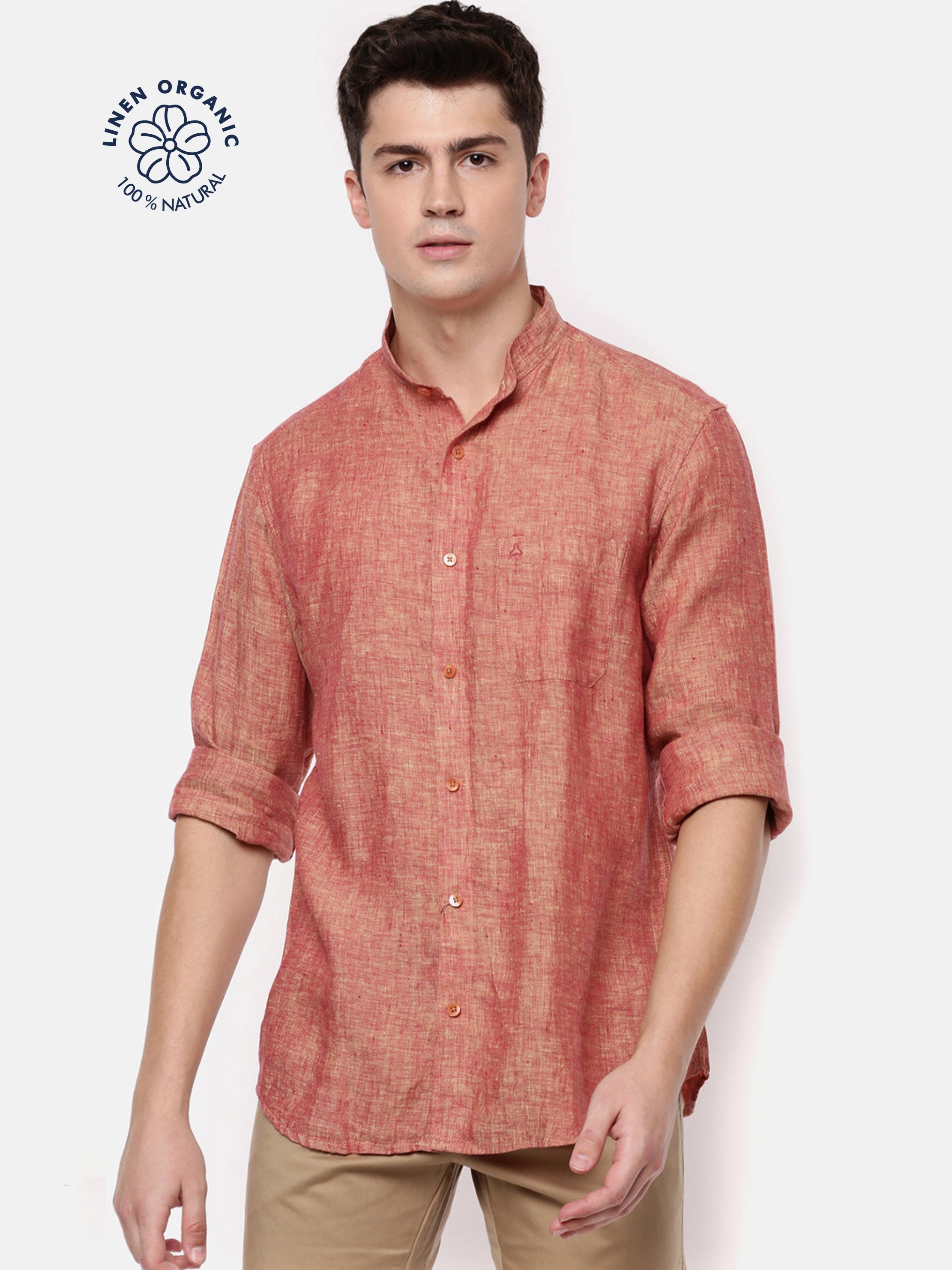 MEN'S RUST SOLID SLIM FIT LINEN SHIRT