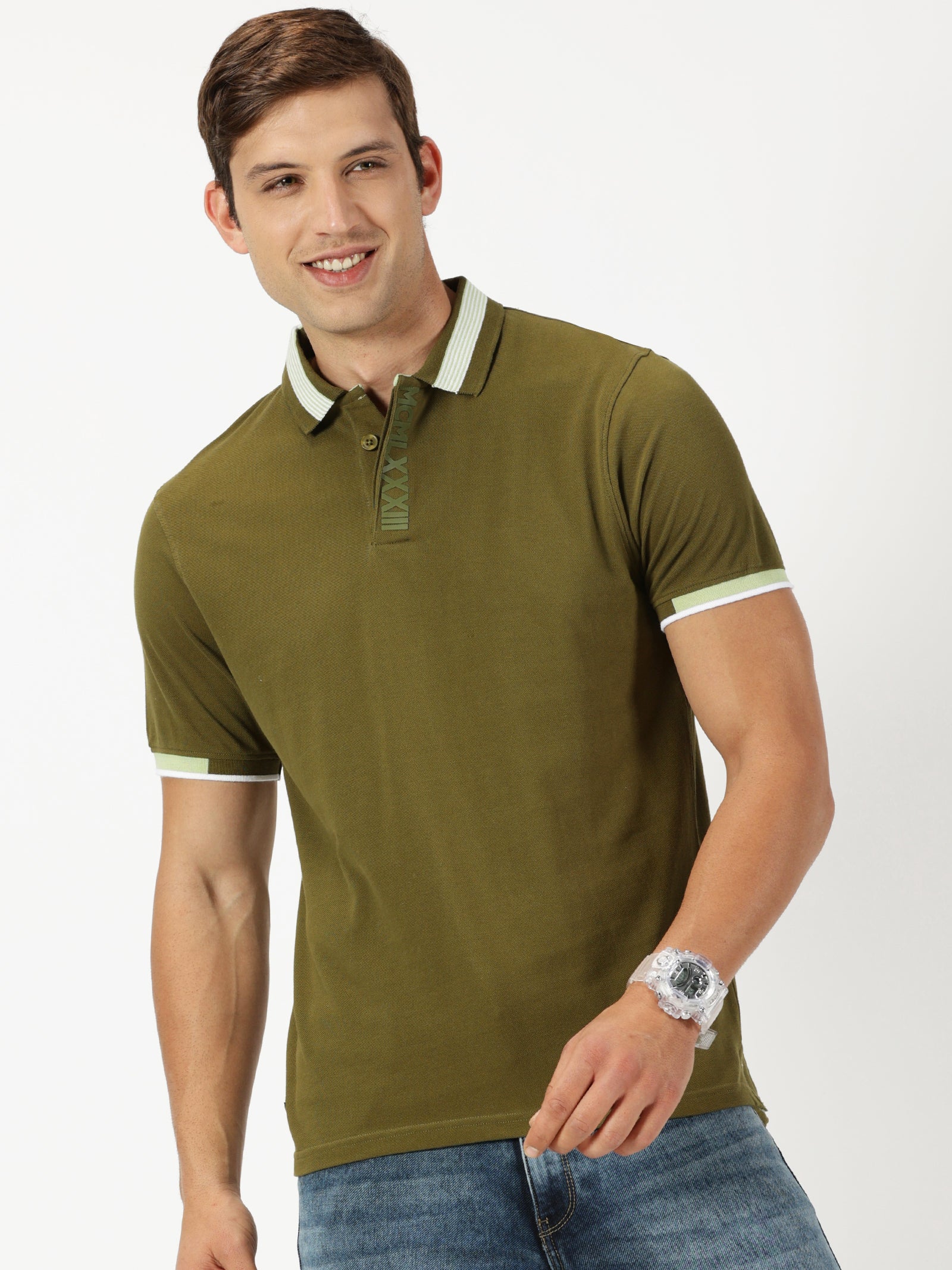 MEN'S OLIVE SOLID SLIM FIT POLO T-SHIRT