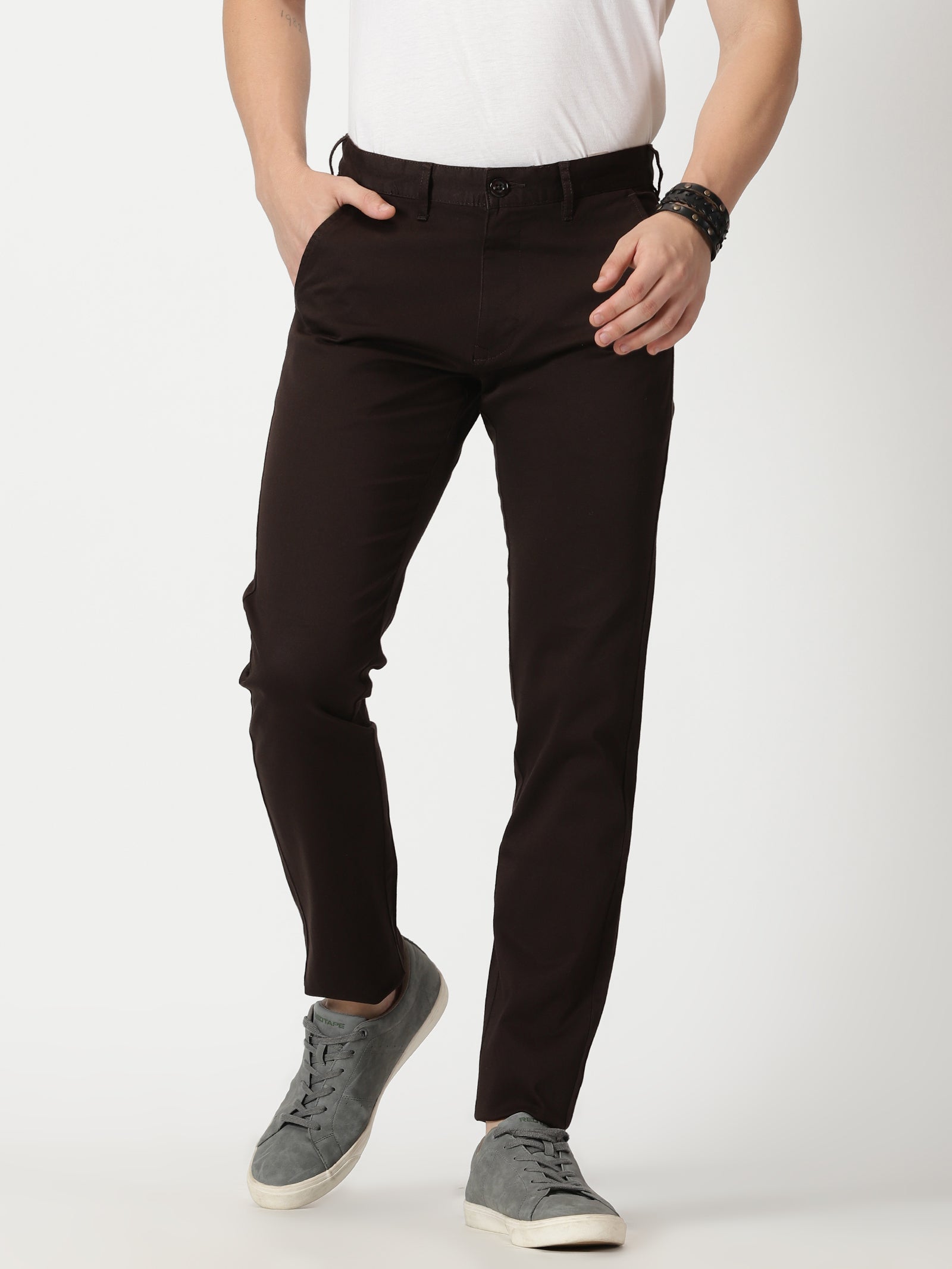 MEN'S COFEE BROWN SOLID SLIM FIT TROUSER