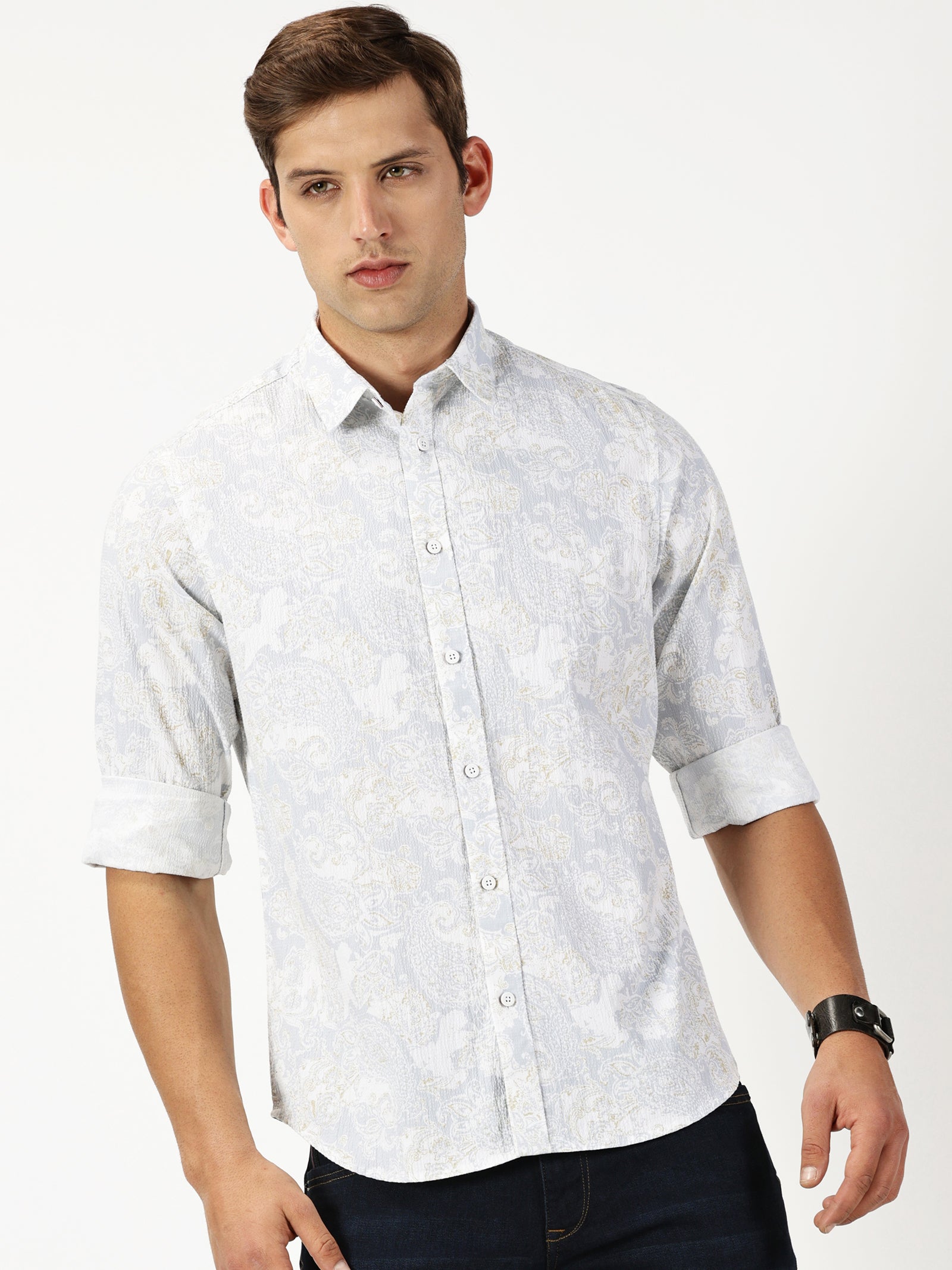 MEN'S GREY PRINT SLIM FIT SHIRT