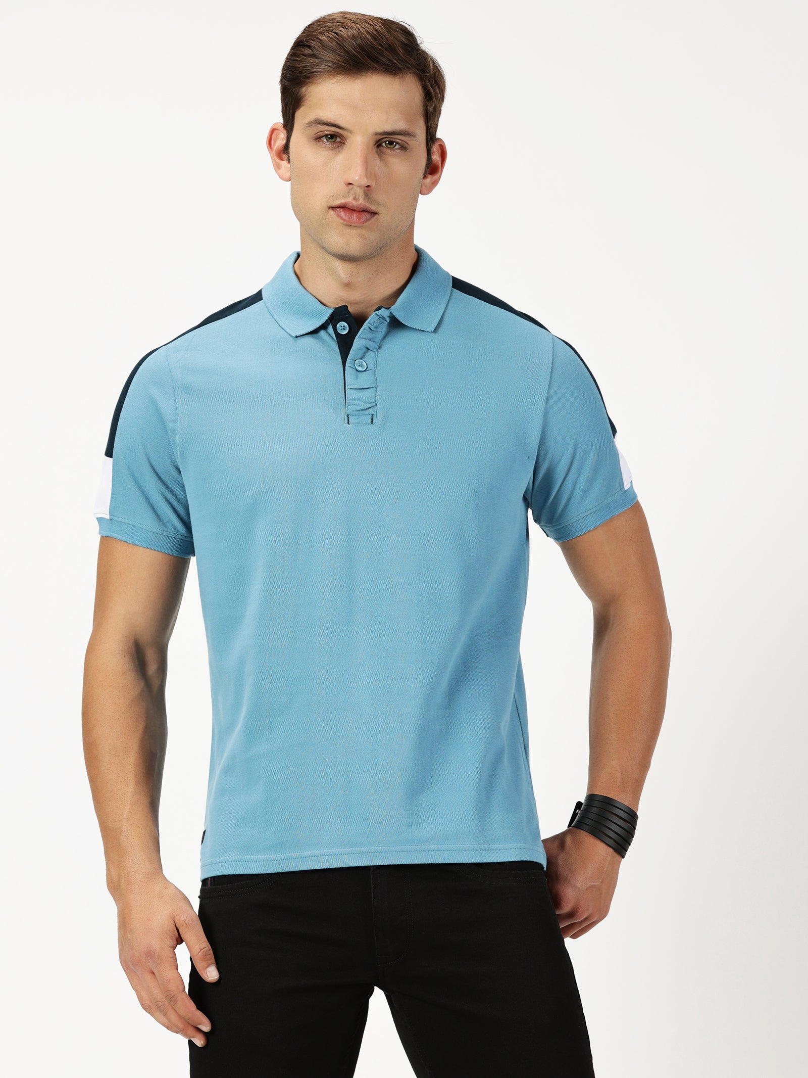 MEN'S SEA BLUE SOLID SLIM FIT POLO T-SHIRT