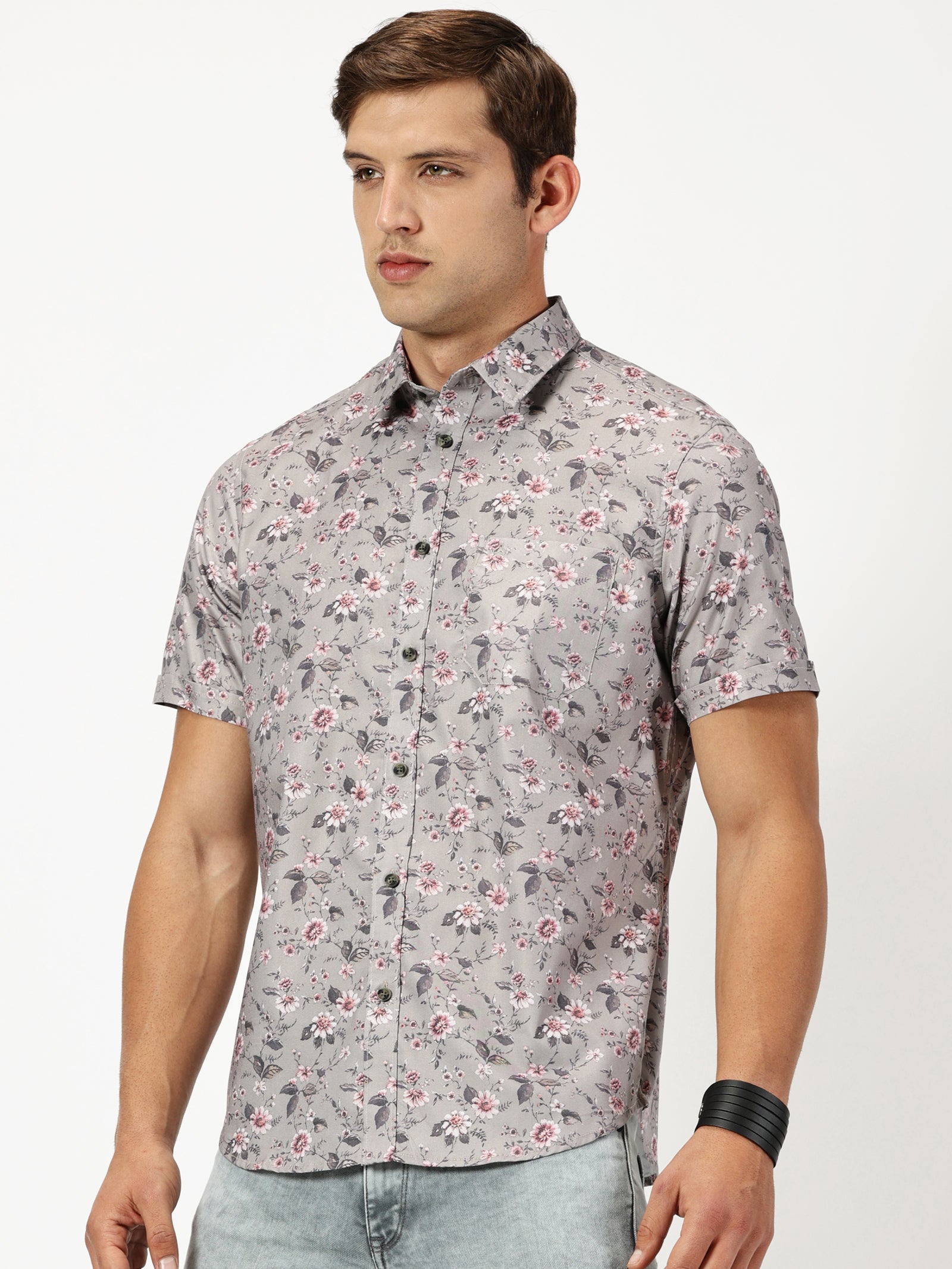 MEN'S LT BROWN PRINT SLIM FIT SHIRT