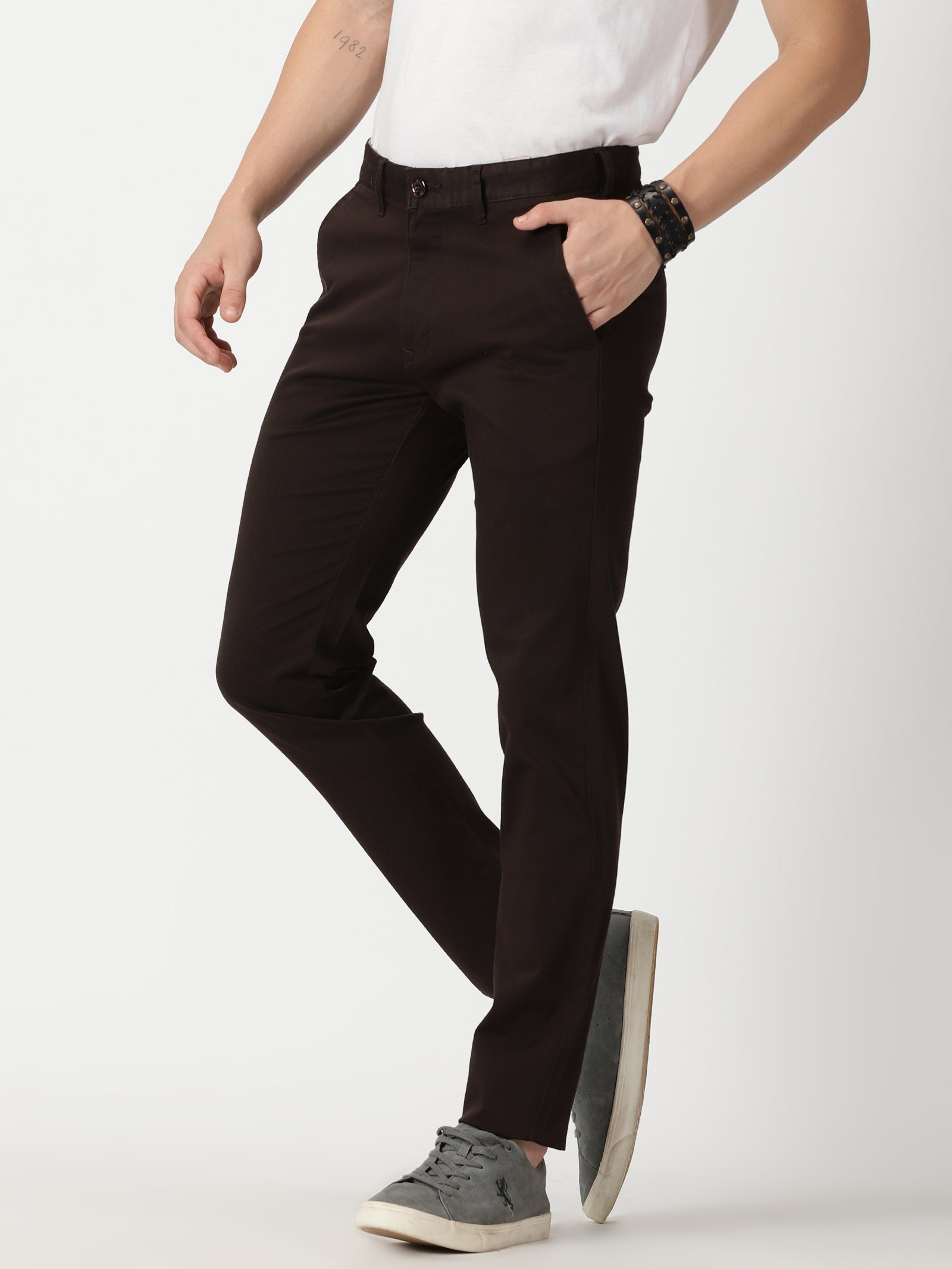 MEN'S COFEE BROWN SOLID SLIM FIT TROUSER