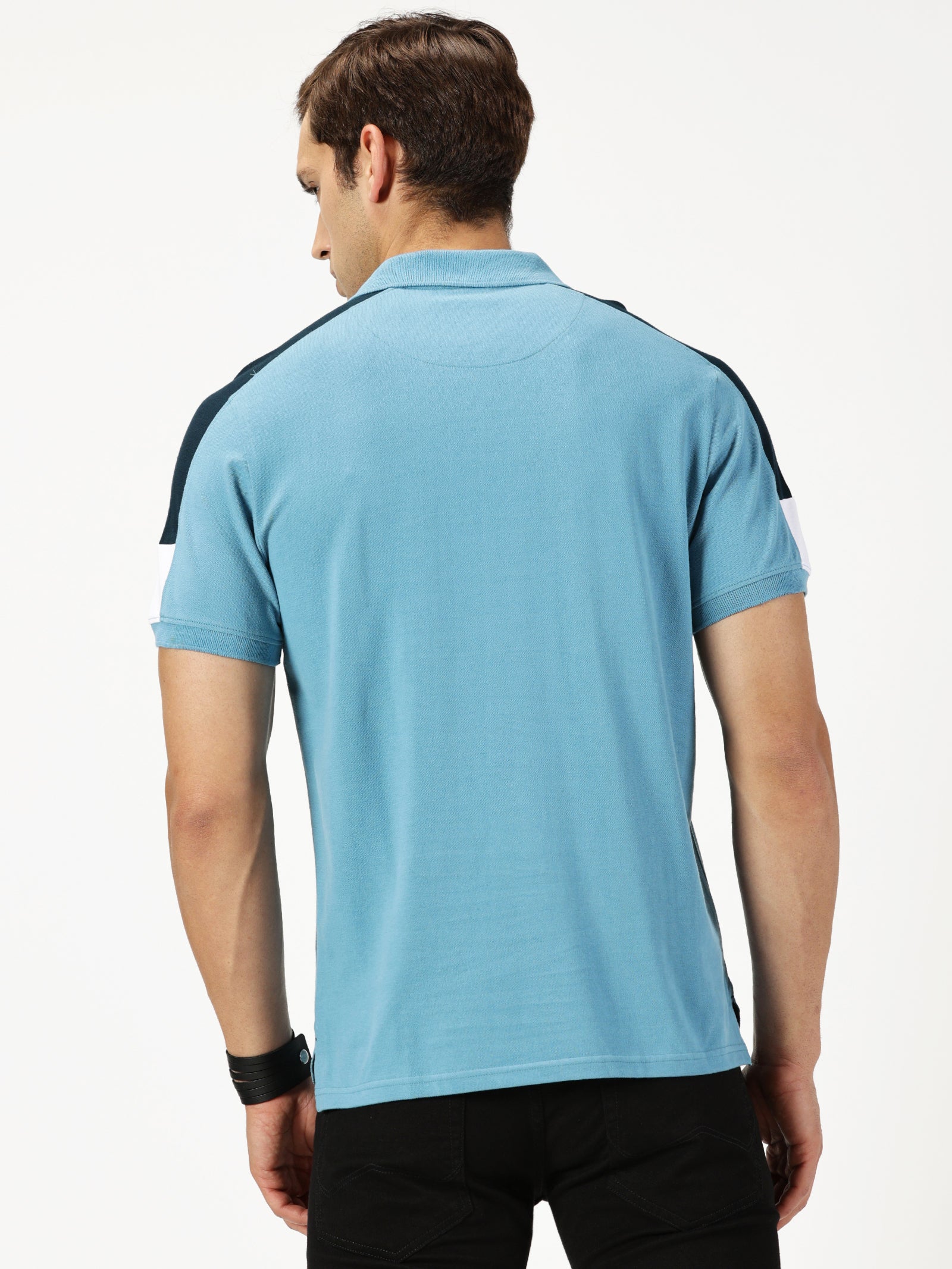 MEN'S SEA BLUE SOLID SLIM FIT POLO T-SHIRT