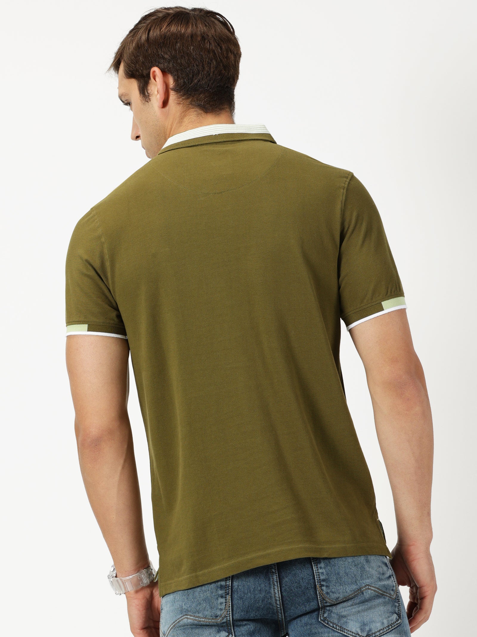 MEN'S OLIVE SOLID SLIM FIT POLO T-SHIRT