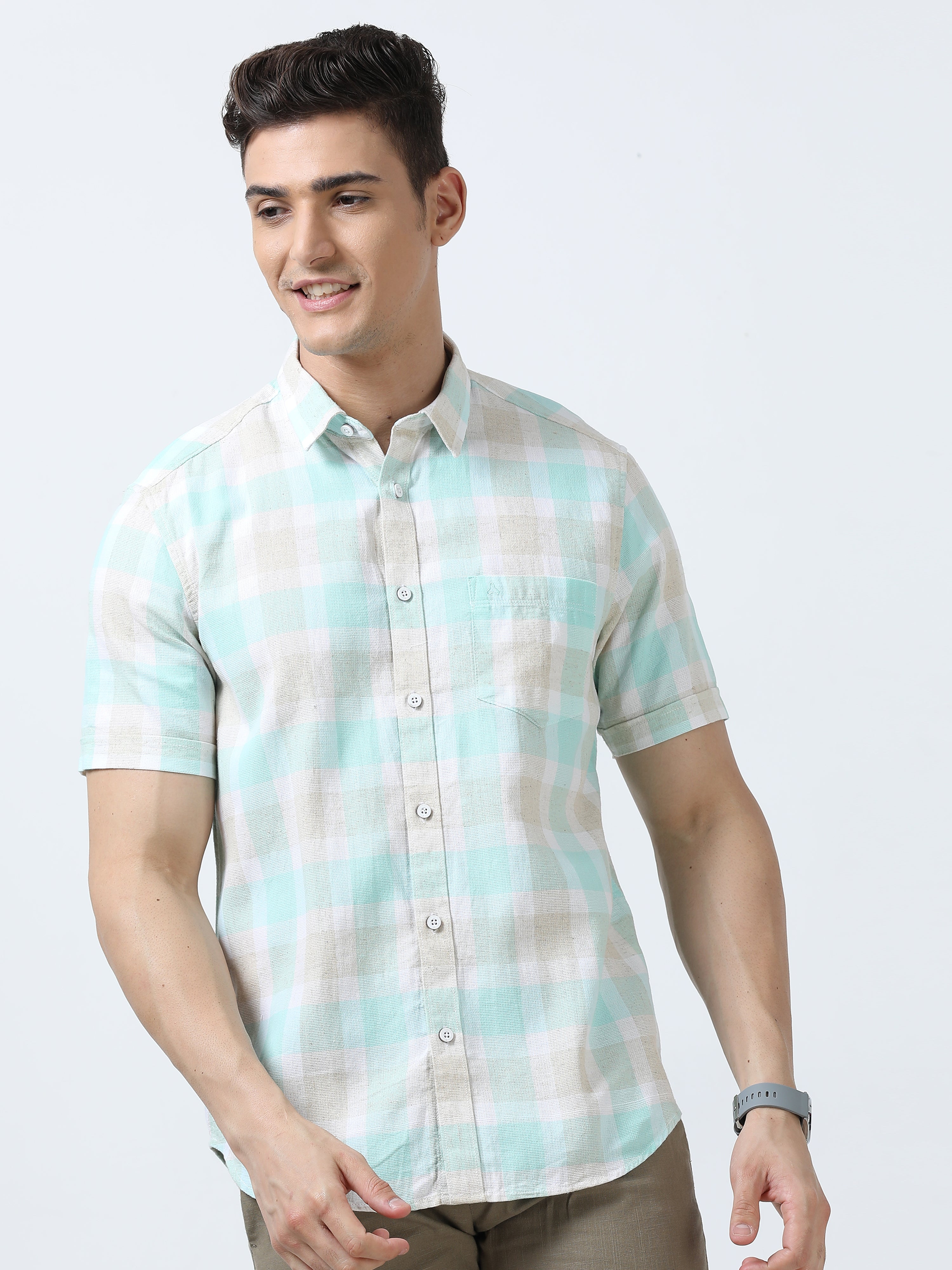 MEN'S LT.GREEN CHECKS SLIM FIT SHIRT