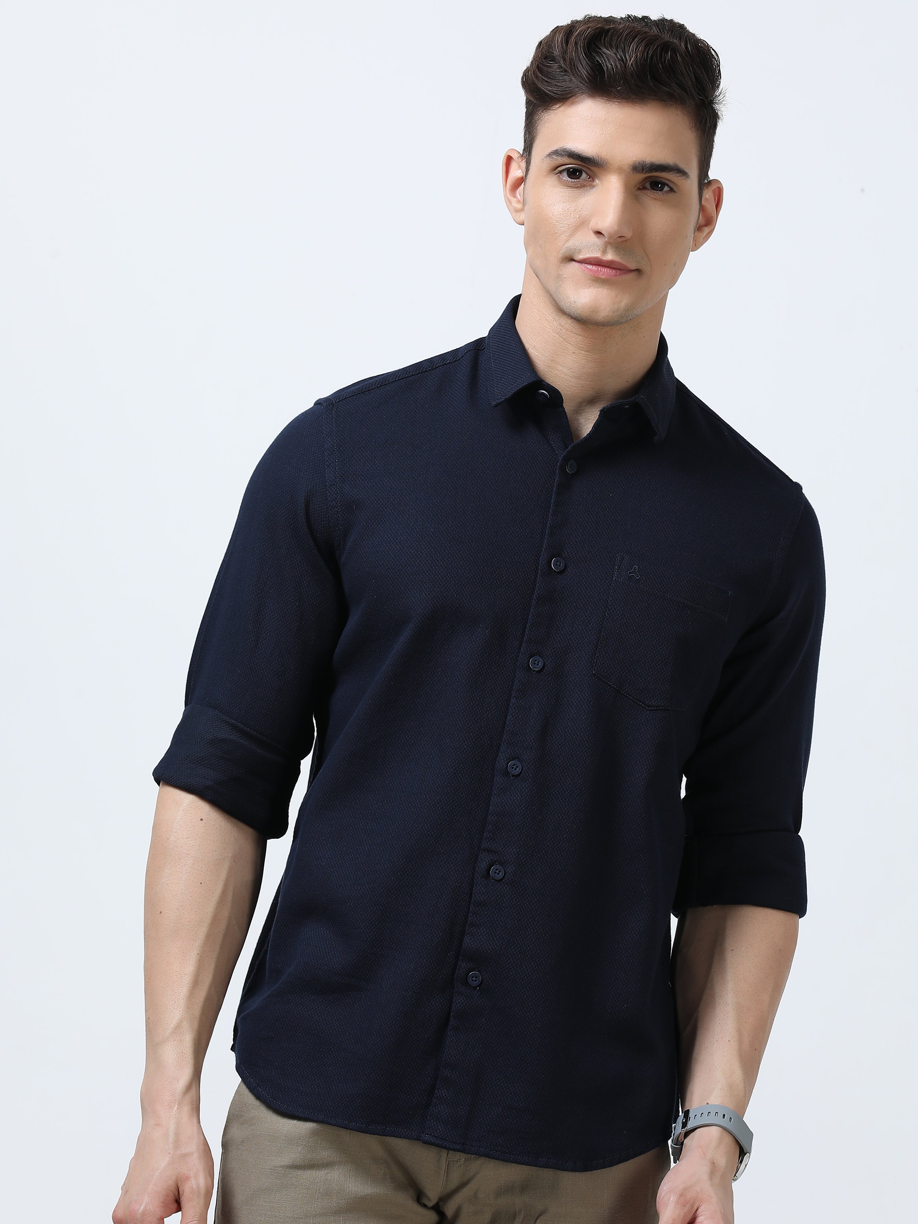 MEN'S NAVY-SOLID SLIM FIT SHIRT