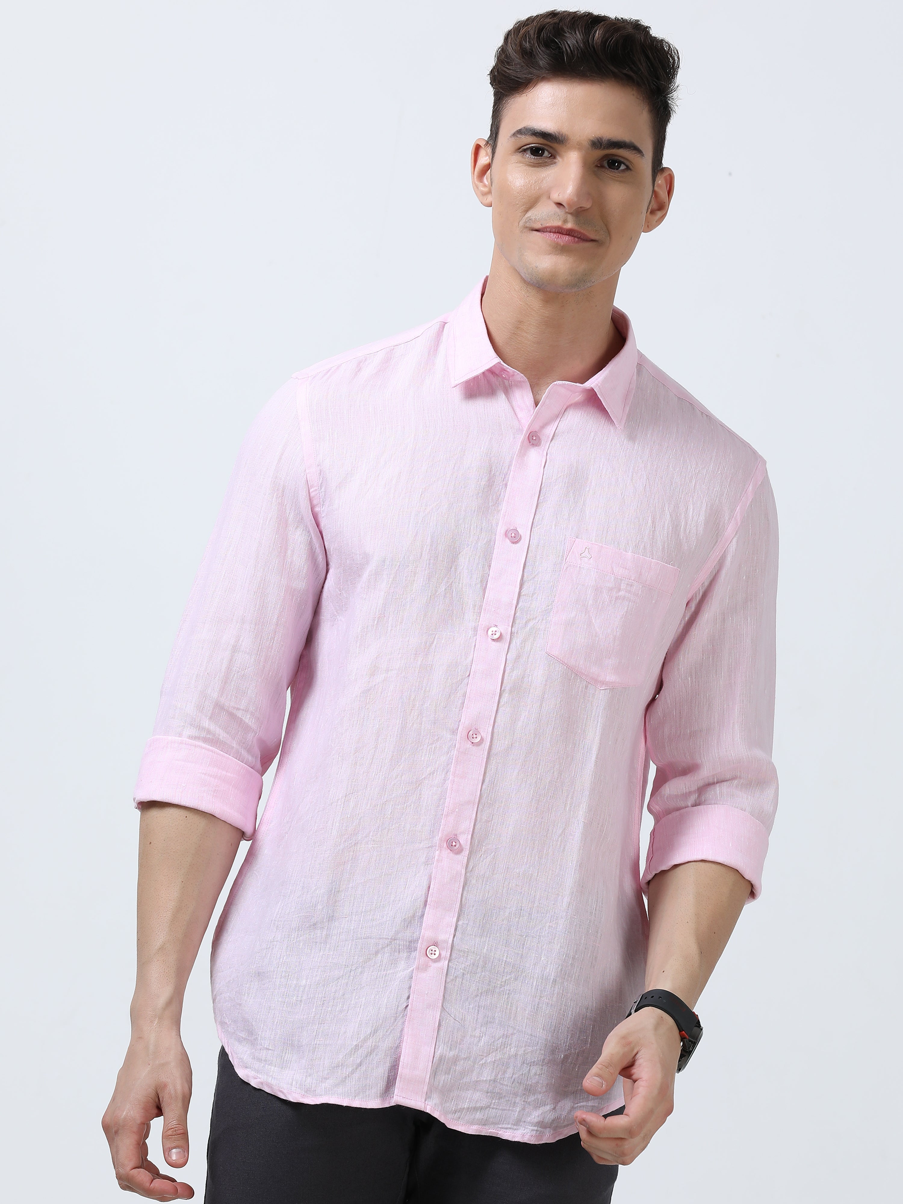 MEN'S  LINEN PINK  SOLID  SLIM FIT SHIRT