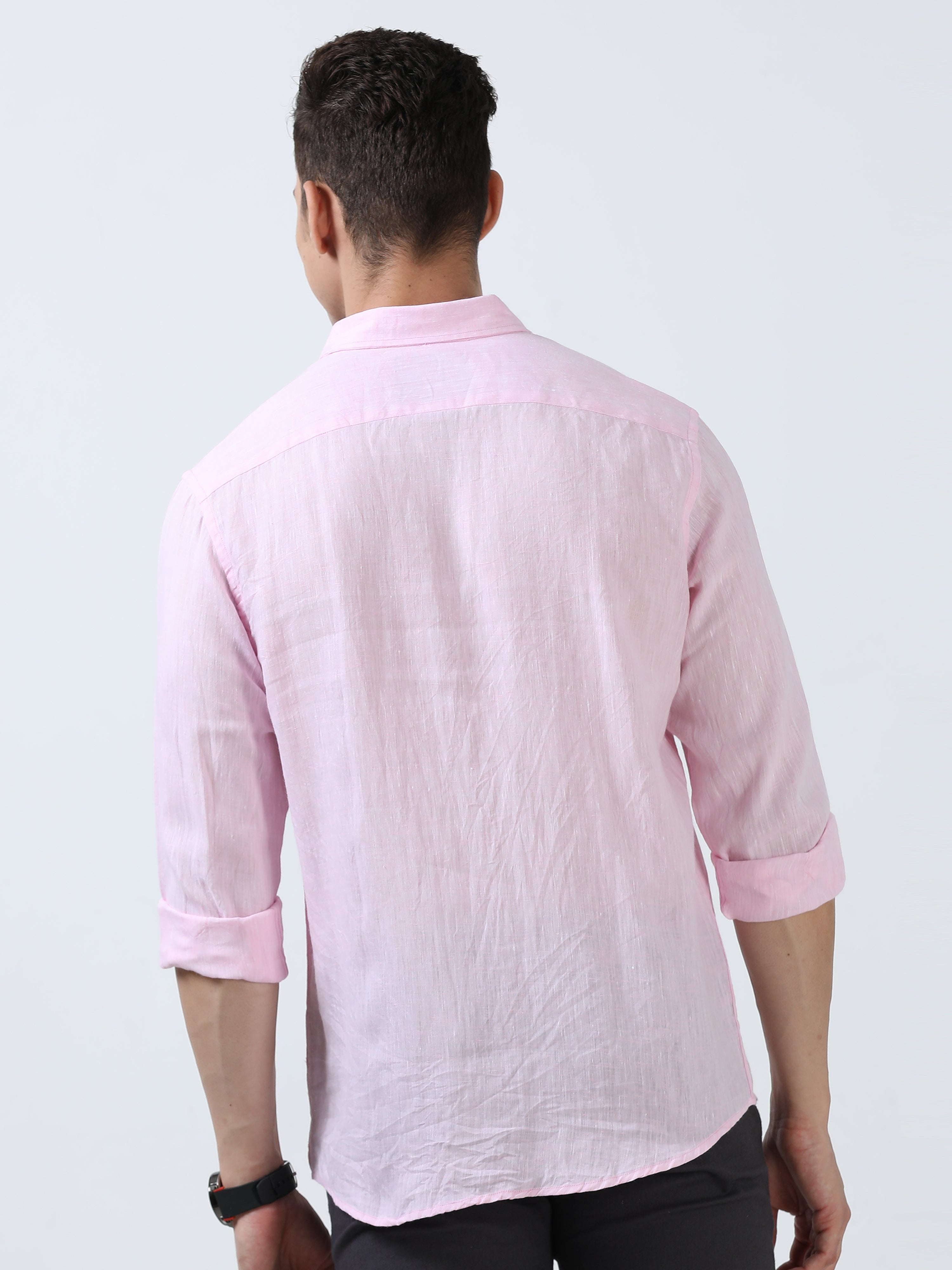 MEN'S  LINEN PINK  SOLID  SLIM FIT SHIRT