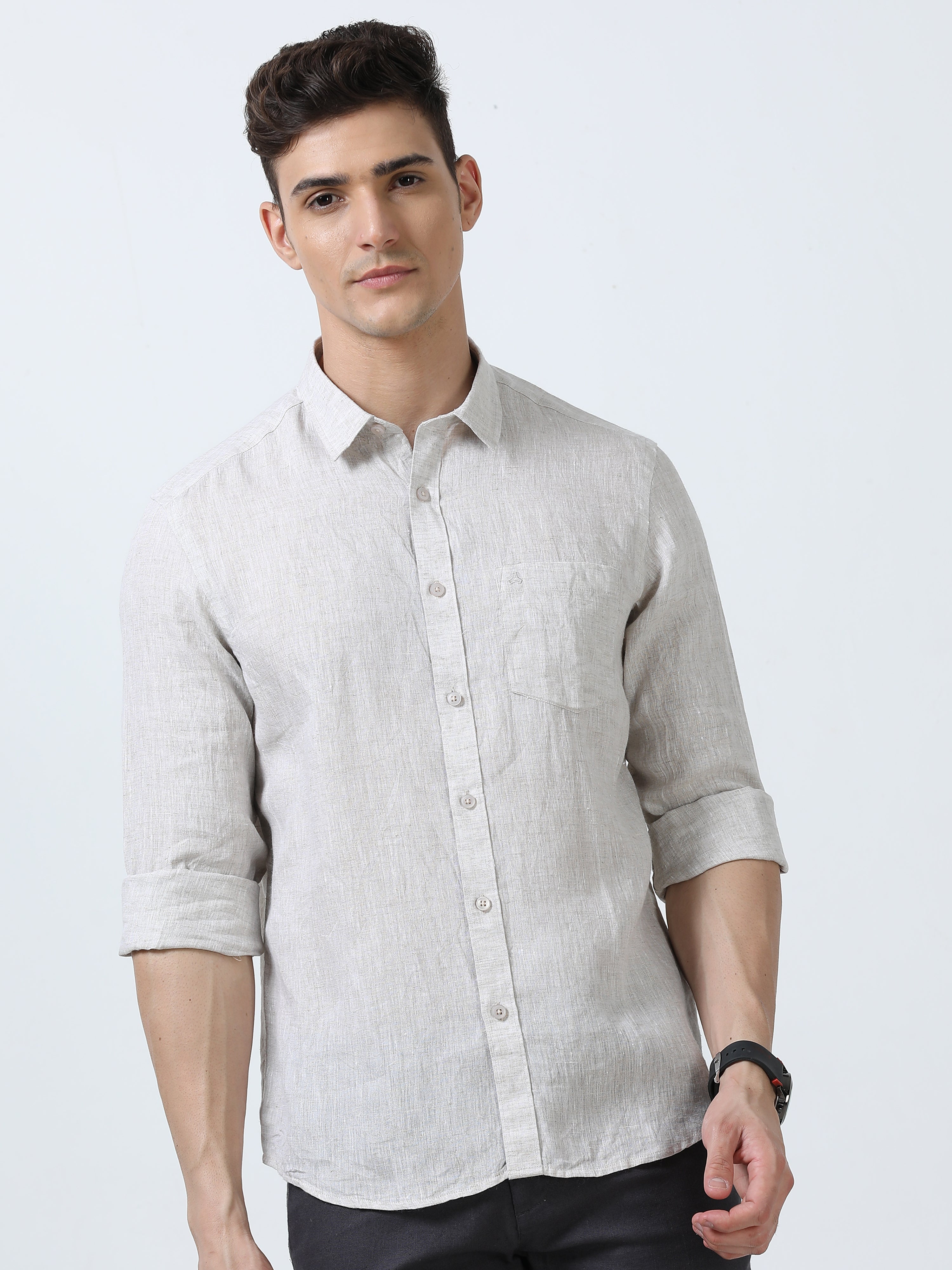 MEN'S LINEN BEIGE  SOLID SLIM FIT SHIRT