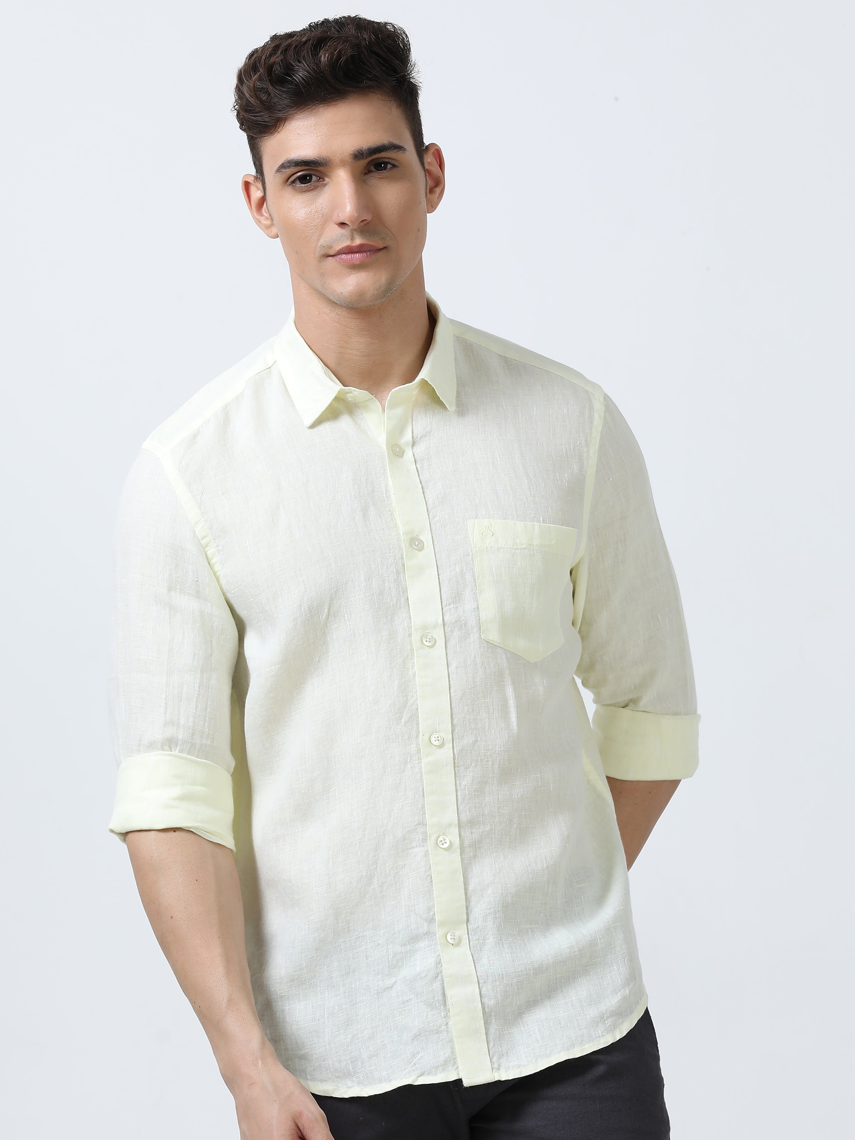 MEN'S LINEN YELLOW  SOLID  SLIM FIT SHIRT