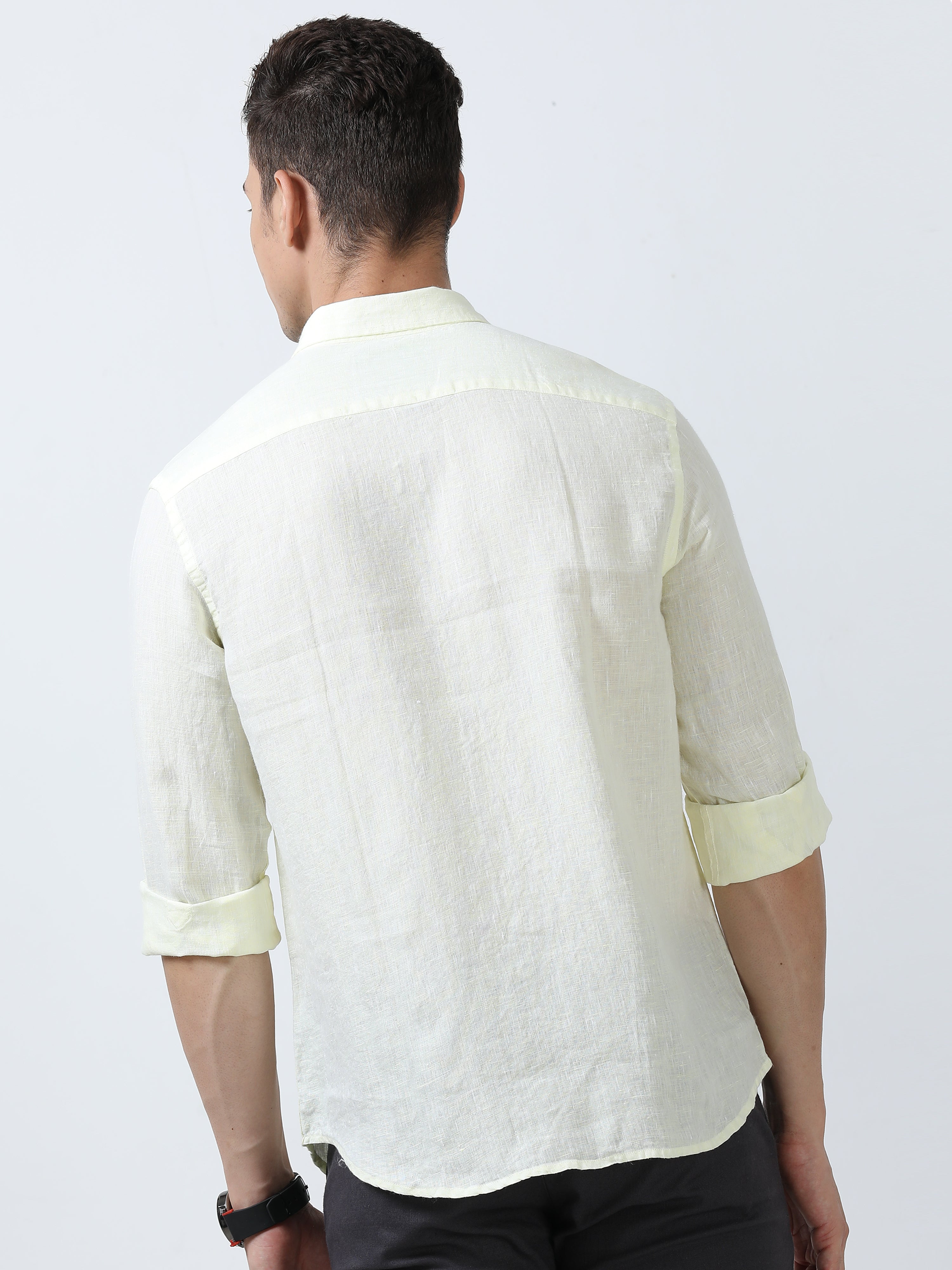 MEN'S LINEN YELLOW  SOLID  SLIM FIT SHIRT