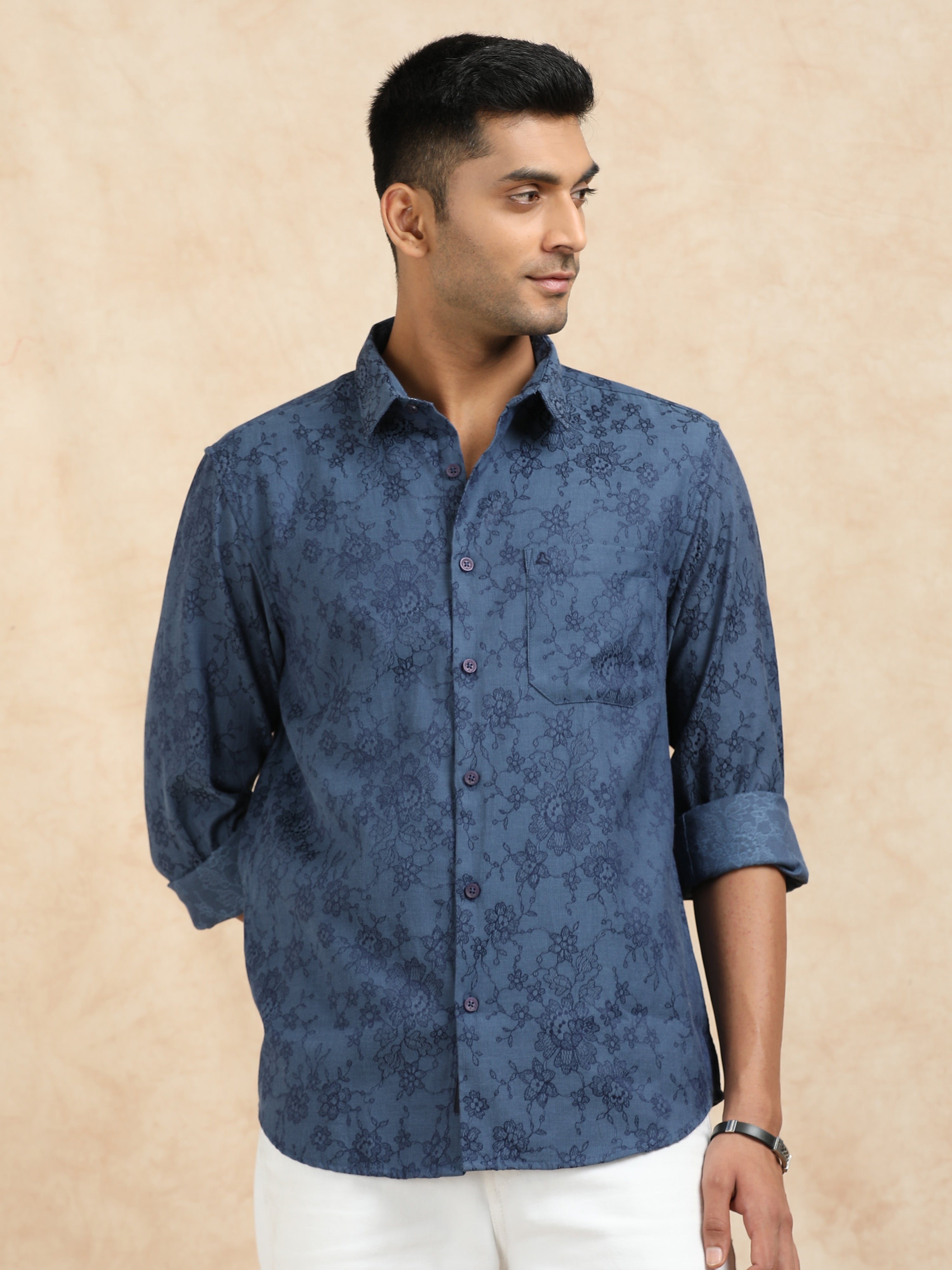 MEN'S BLUE SELF DESIGN SLIM FIT SHIRT