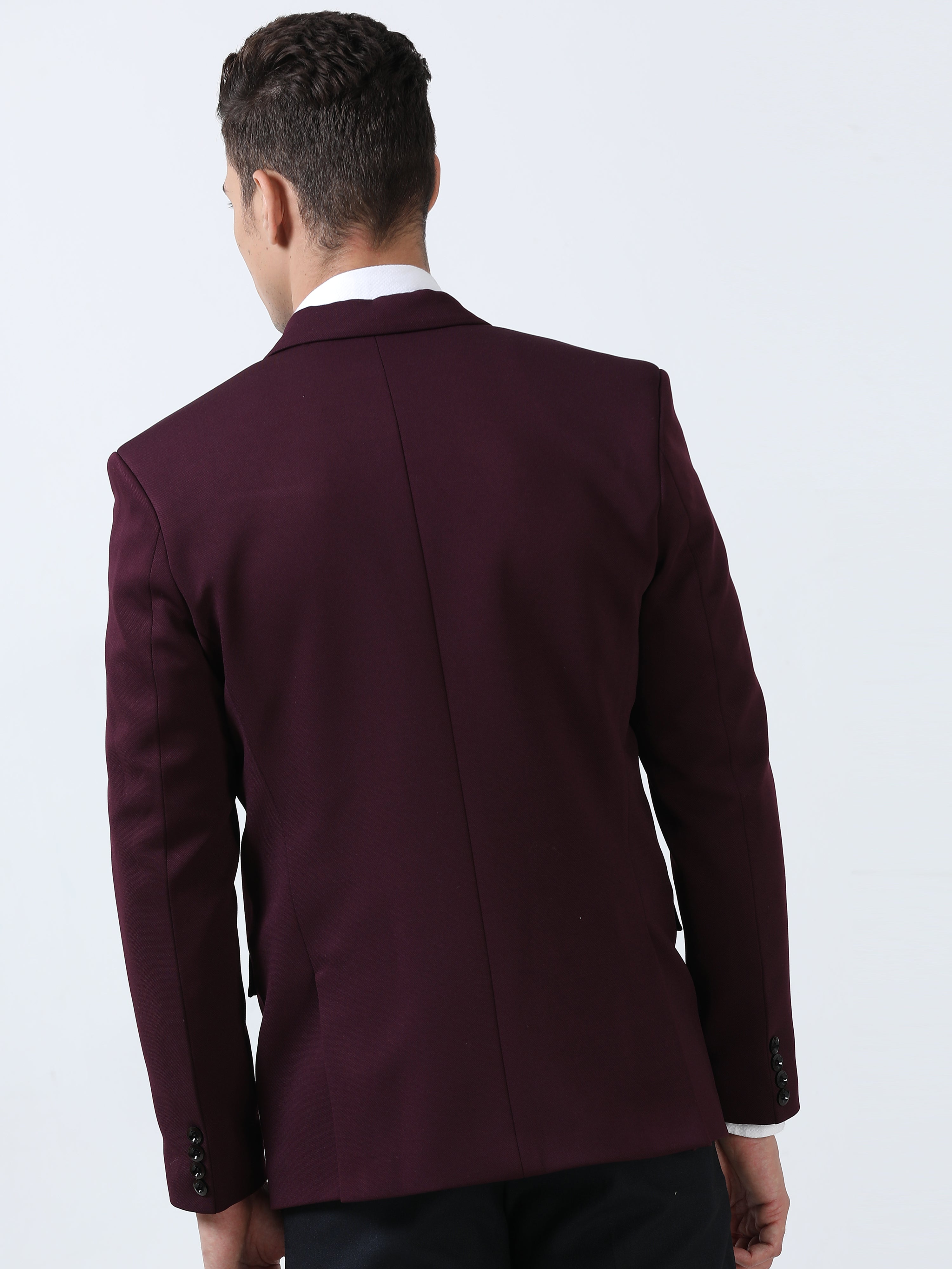 MEN'S BURGUNDY SOLID SLIM FIT BLAZER