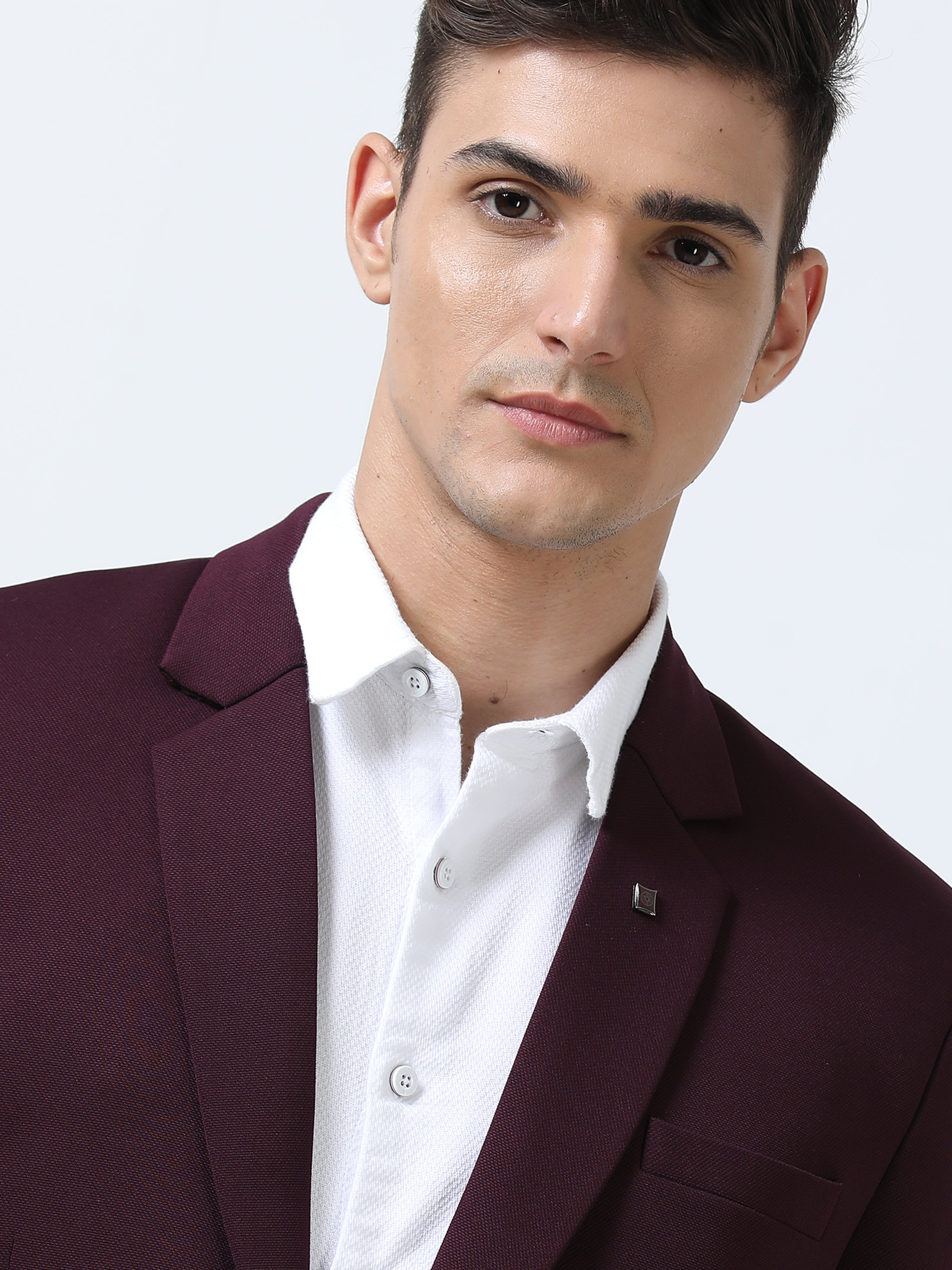 MEN'S BURGUNDY SOLID SLIM FIT BLAZER