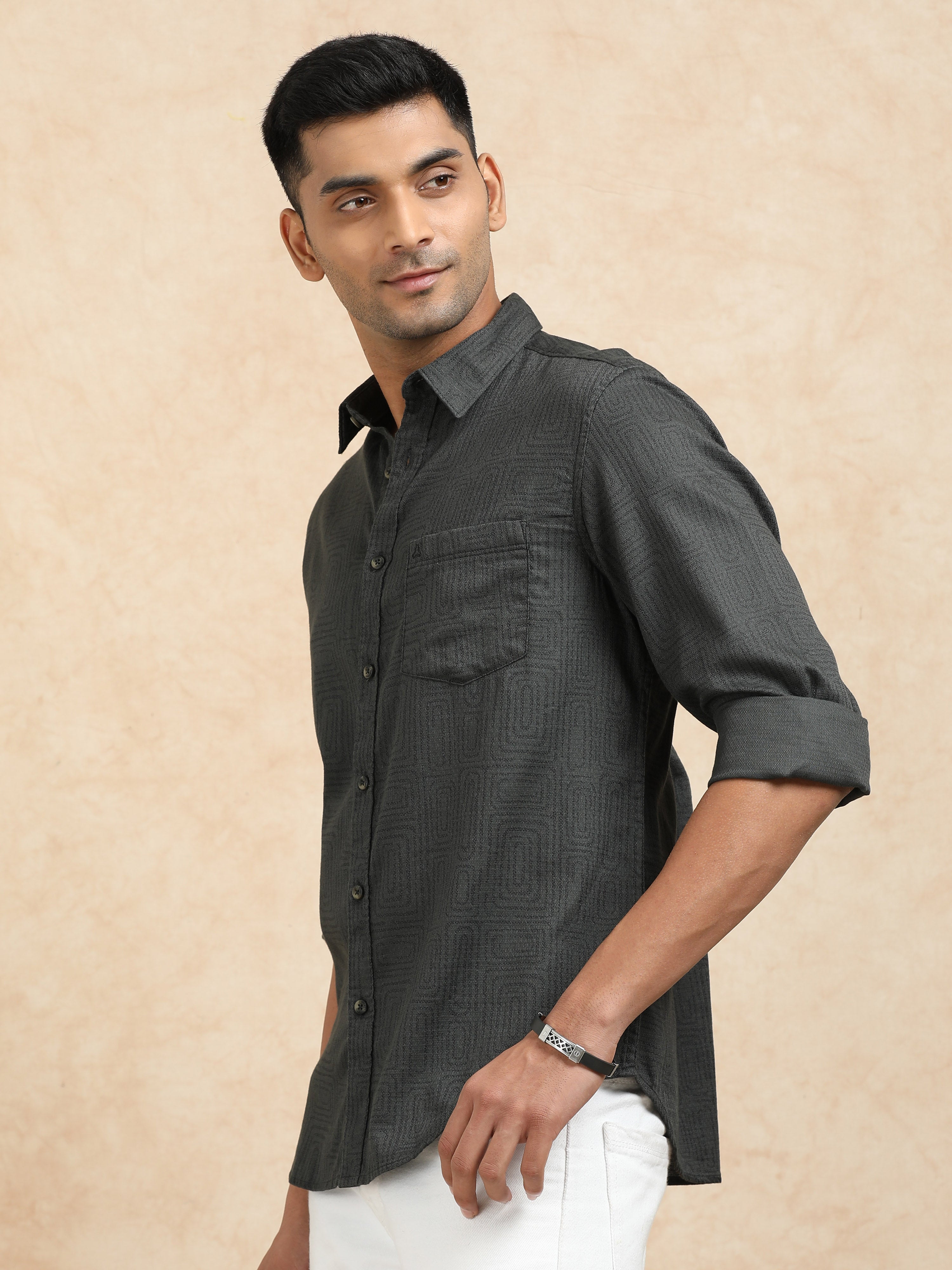 MEN'S DK.GREEN PRINT SLIM FIT SHIRT
